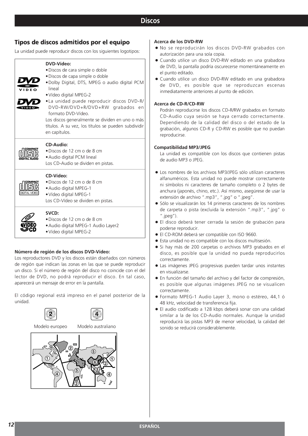 Teac MC-DV250 owner manual Discos, Tipos de discos admitidos por el equipo 