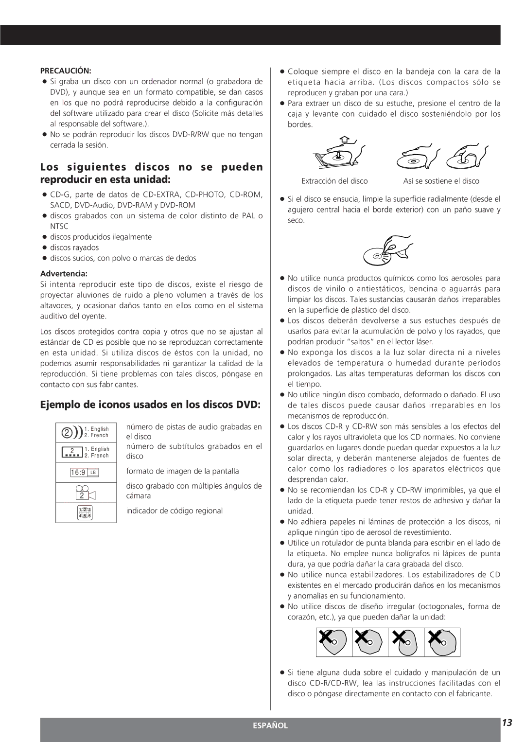 Teac MC-DV250 owner manual Ejemplo de iconos usados en los discos DVD, Advertencia 