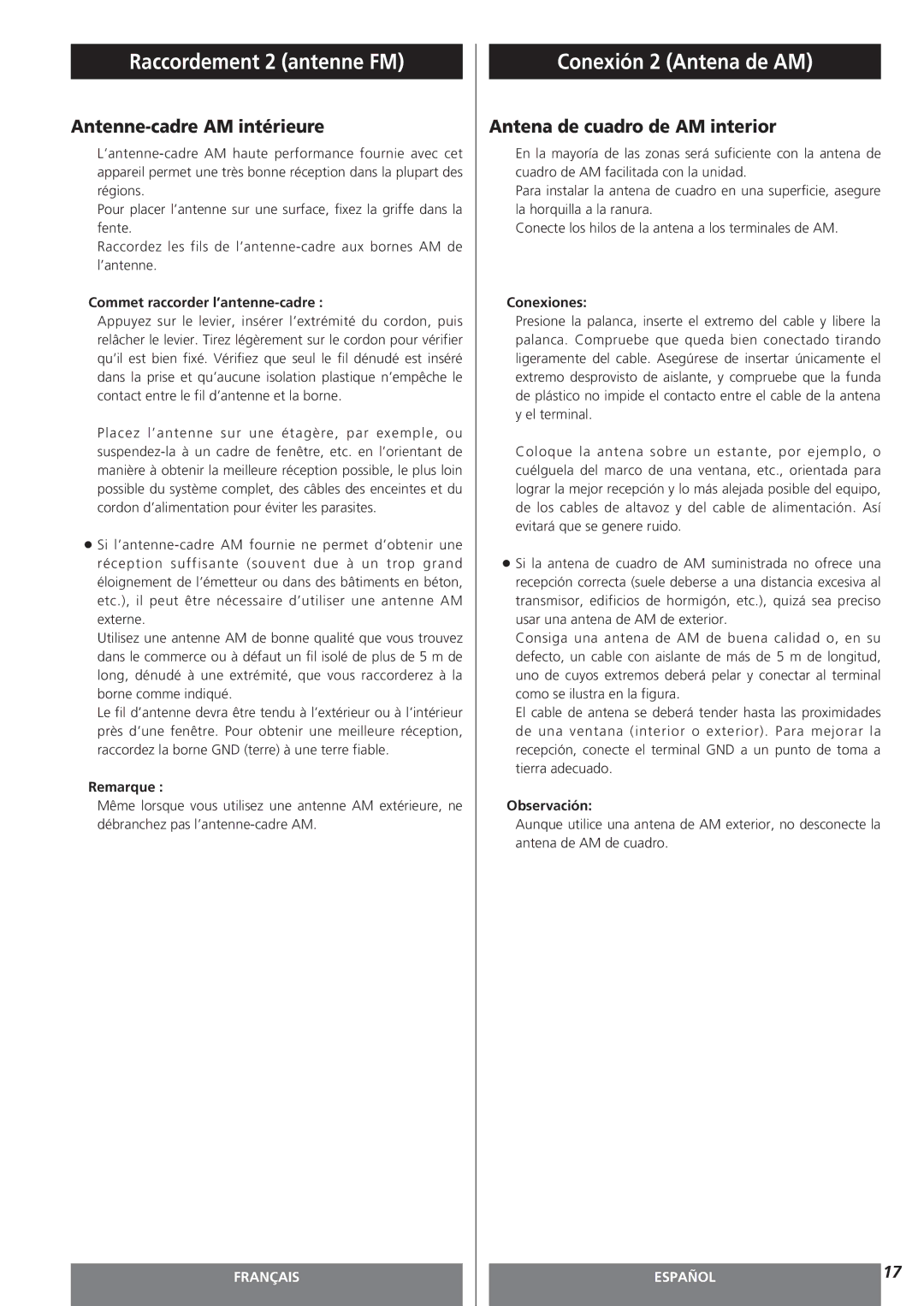 Teac MC-DV250 owner manual Raccordement 2 antenne FM, Conexión 2 Antena de AM, Antenne-cadre AM intérieure 