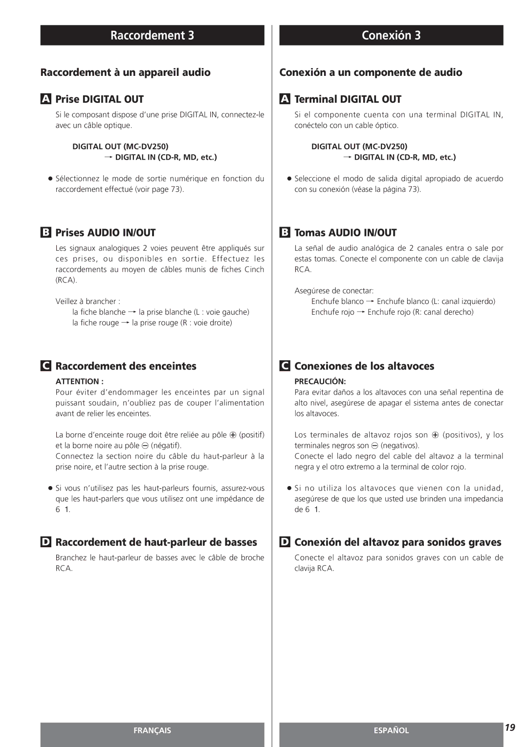 Teac MC-DV250 owner manual Raccordement, Conexión 