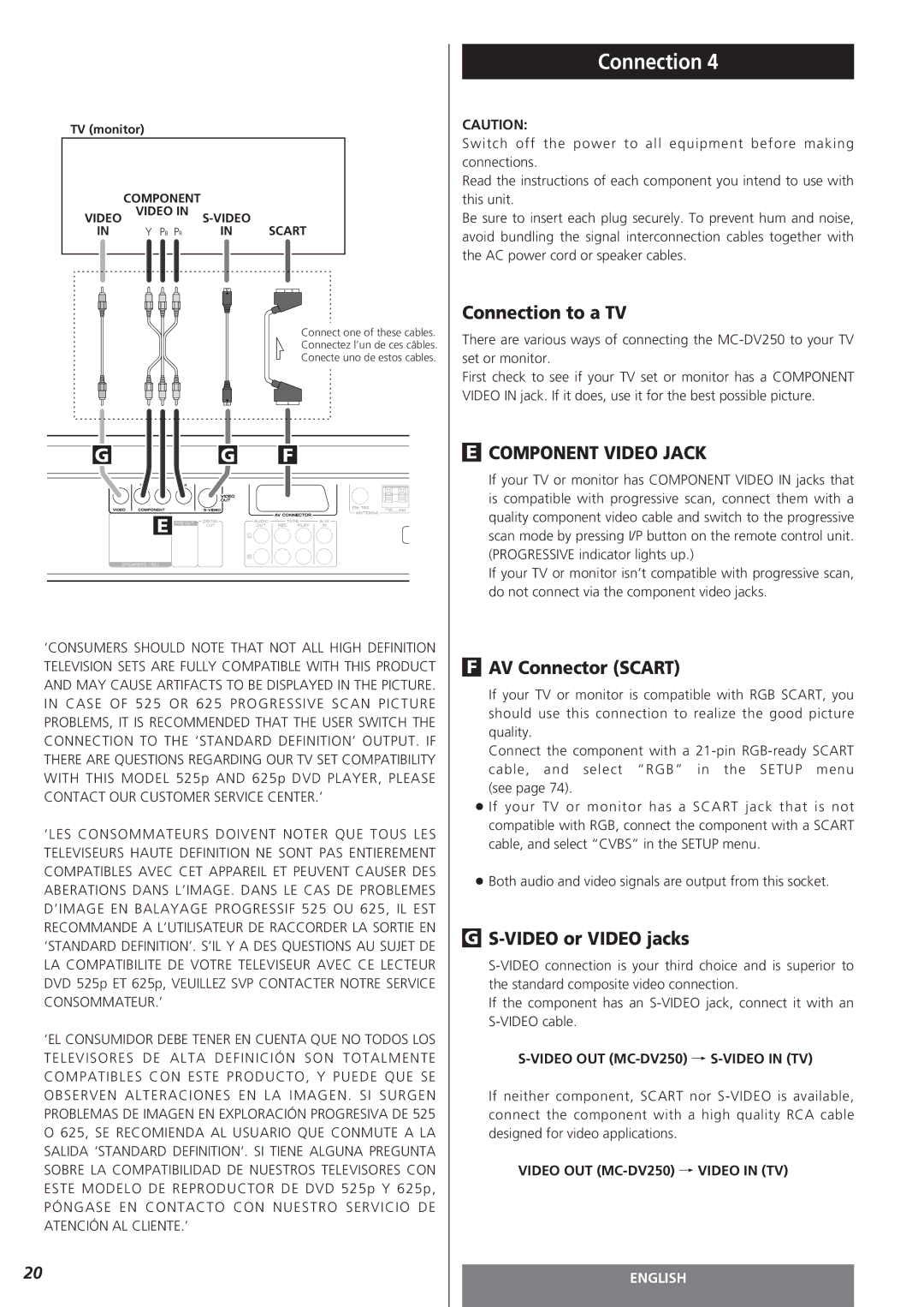 Teac owner manual Connection to a TV, AV Connector Scart, Video or Video jacks, Video OUT MC-DV250 q S-VIDEO in TV 