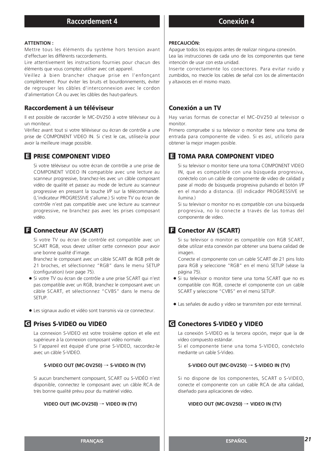 Teac MC-DV250 owner manual Raccordement à un téléviseur, Connecteur AV Scart, Prises S-VIDEO ou Video, Conexión a un TV 