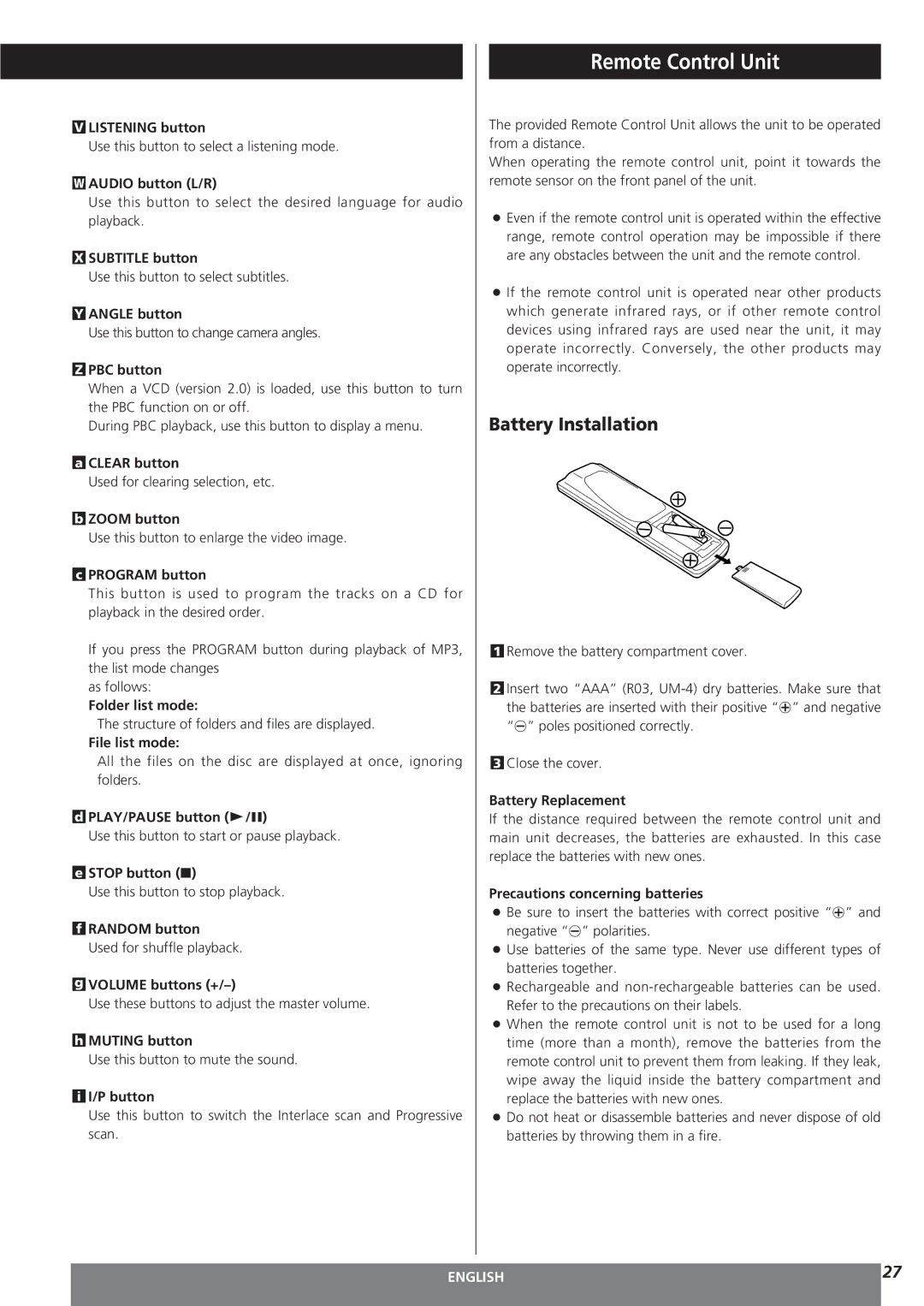 Teac MC-DV250 owner manual Remote Control Unit, Battery Installation 