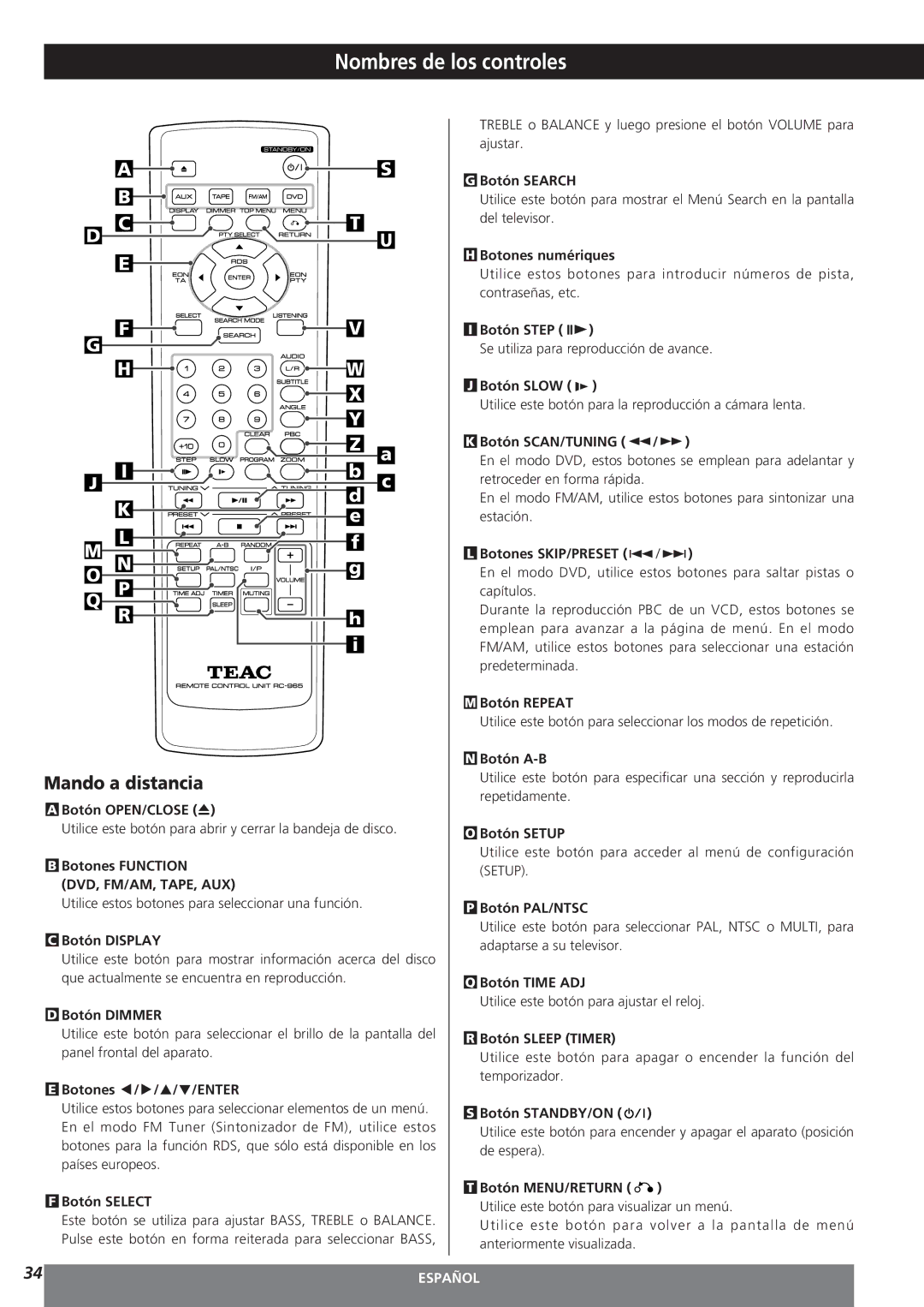 Teac MC-DV250 owner manual Mando a distancia, Setup 