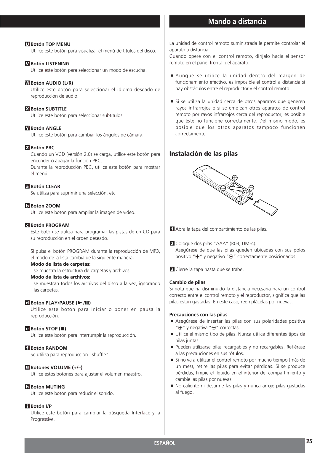 Teac MC-DV250 owner manual Mando a distancia, Instalación de las pilas 