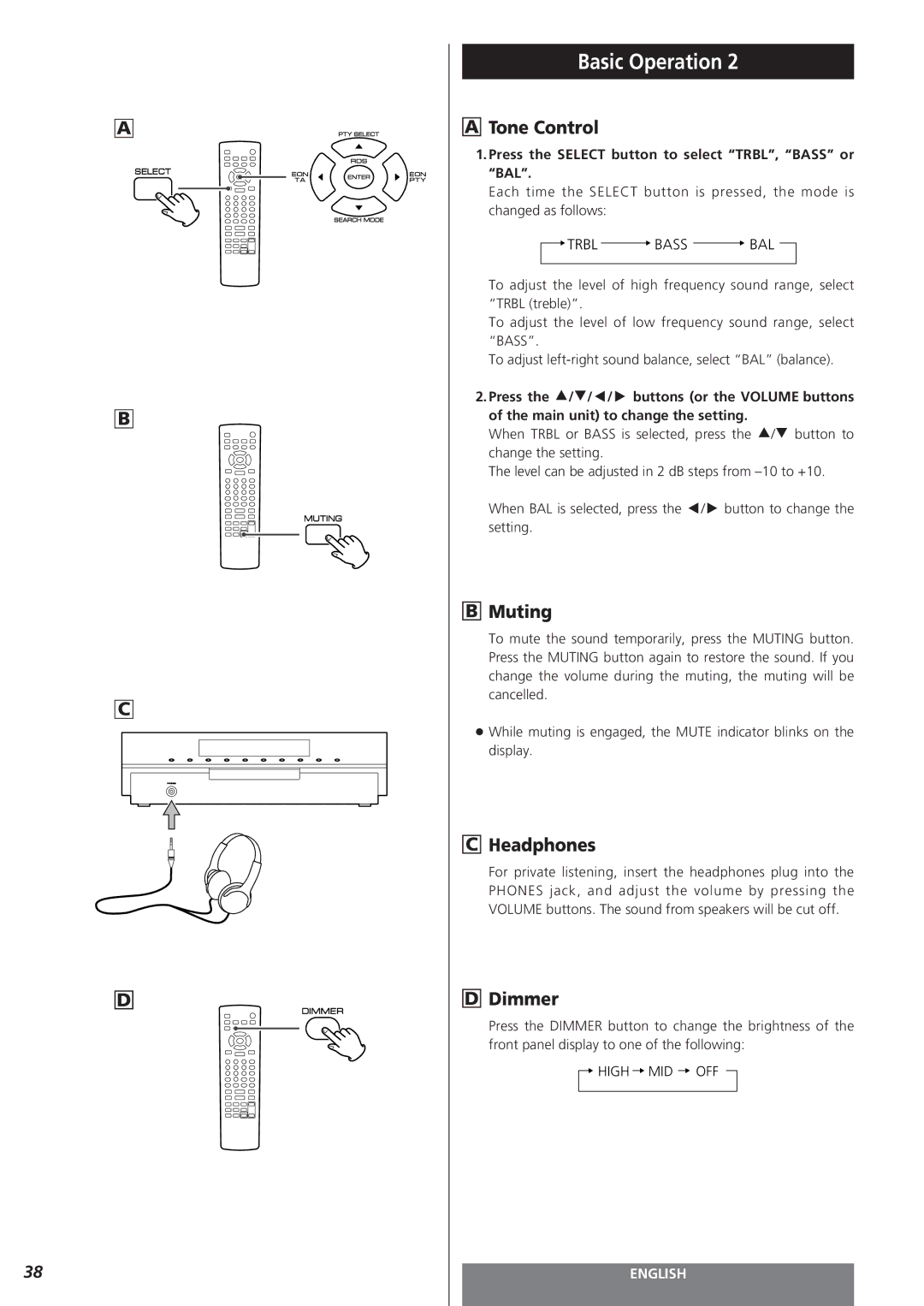 Teac MC-DV250 owner manual Tone Control, Muting, Headphones, Dimmer, Press the Select button to select TRBL, Bass or BAL 