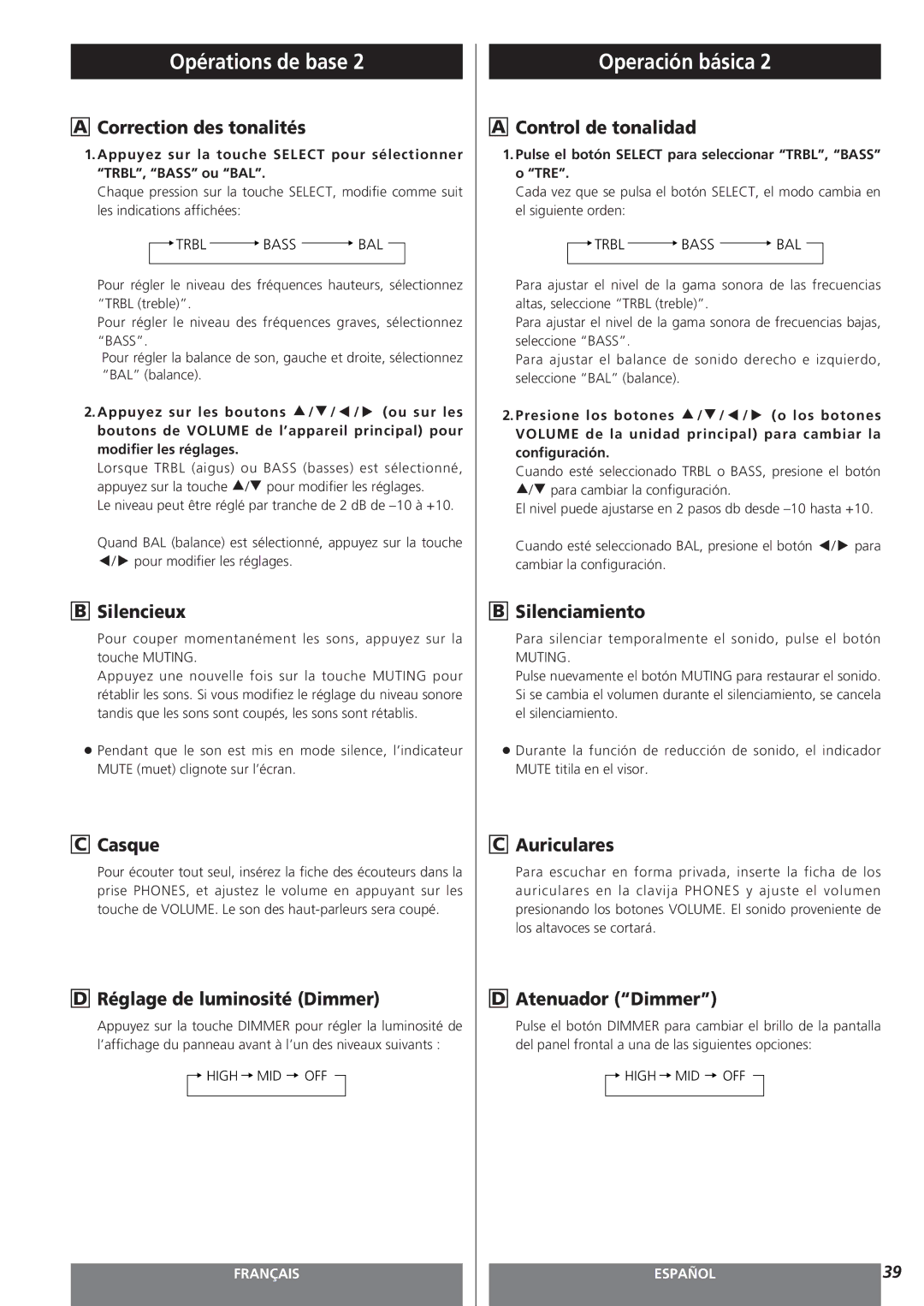 Teac MC-DV250 owner manual Correction des tonalités, Silencieux, Casque, Réglage de luminosité Dimmer, Control de tonalidad 