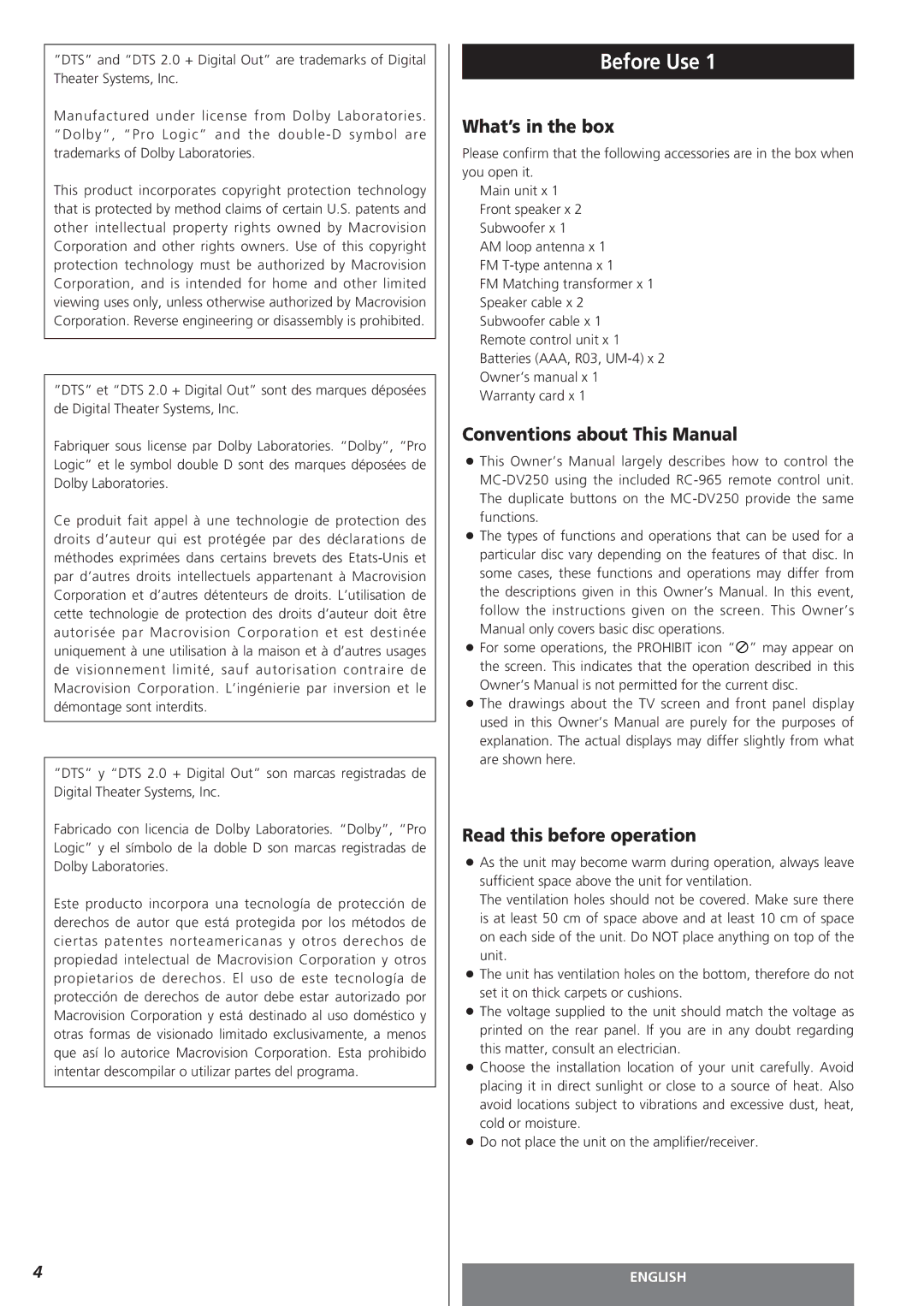 Teac MC-DV250 owner manual Before Use, What’s in the box, Conventions about This Manual Read this before operation 