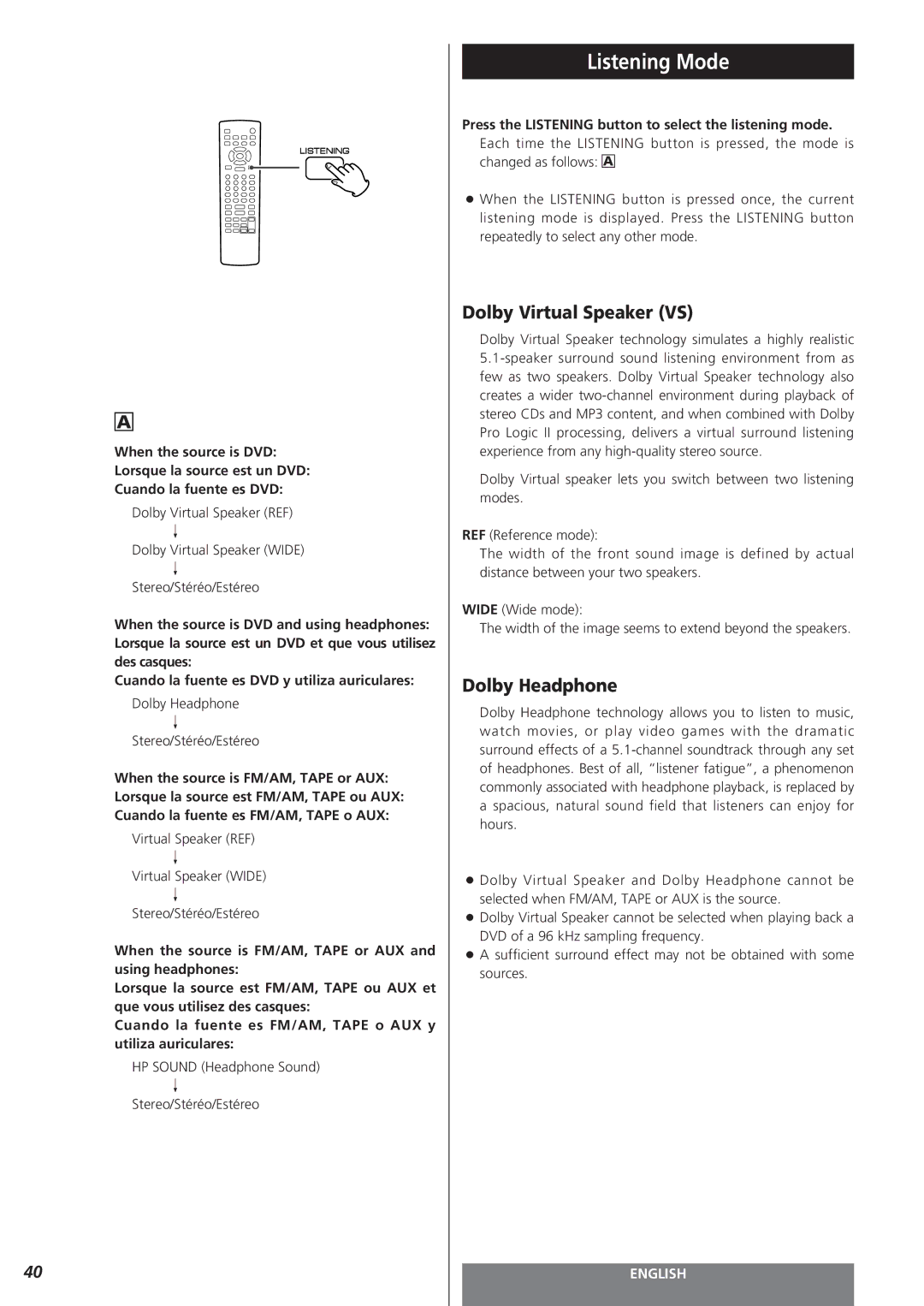 Teac MC-DV250 owner manual Listening Mode, Dolby Virtual Speaker VS, Dolby Headphone 