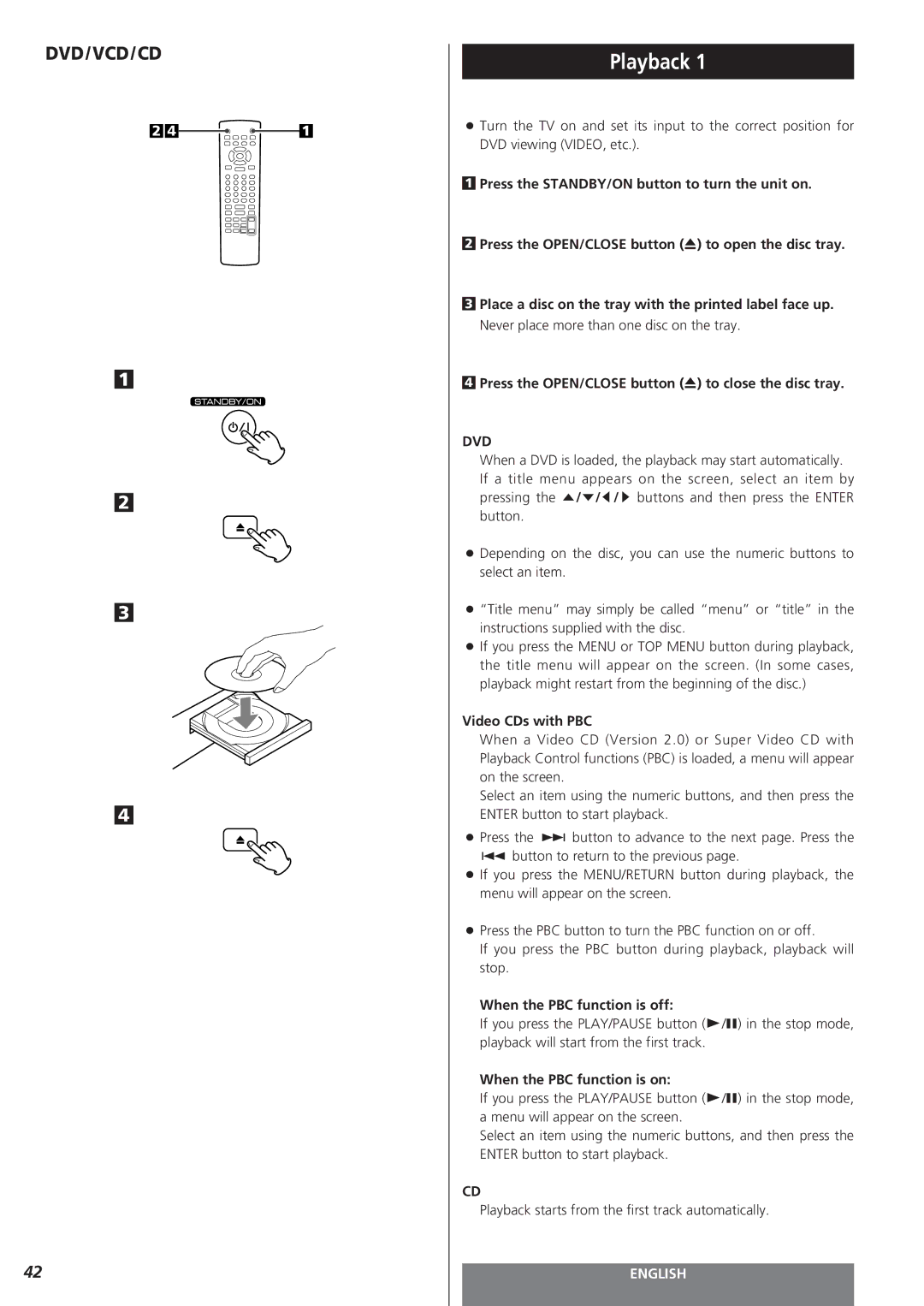 Teac MC-DV250 owner manual Playback, Dvd, Video CDs with PBC, When the PBC function is off, When the PBC function is on 