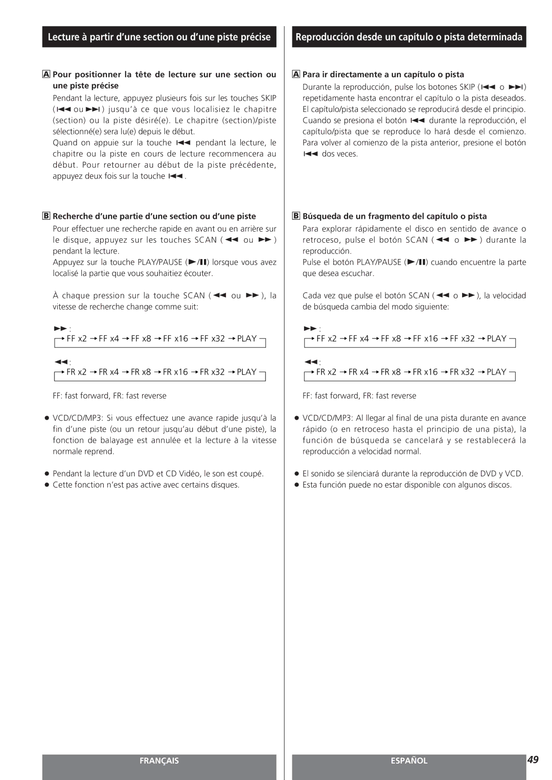 Teac MC-DV250 owner manual Recherche d’une partie d’une section ou d’une piste, Para ir directamente a un capítulo o pista 