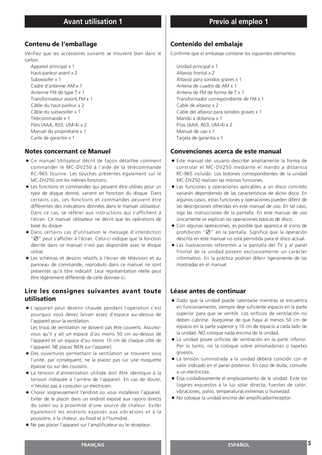 Teac MC-DV250 owner manual Avant utilisation, Previo al empleo 