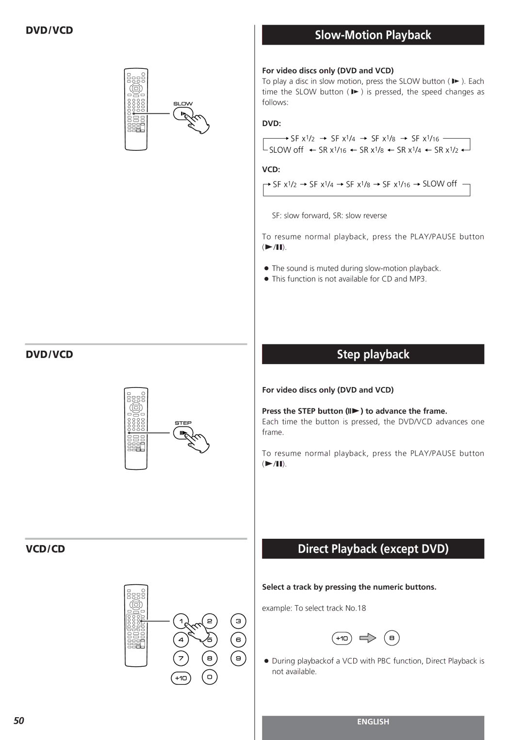 Teac MC-DV250 owner manual Slow-Motion Playback, Step playback, Direct Playback except DVD, Vcd 