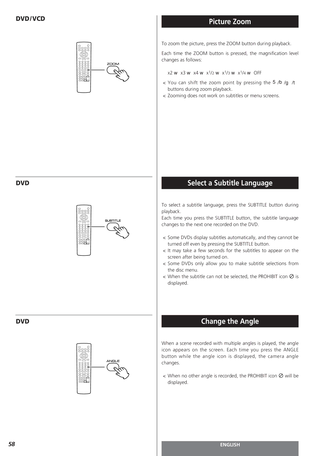 Teac MC-DV250 owner manual Picture Zoom, Select a Subtitle Language, Change the Angle 