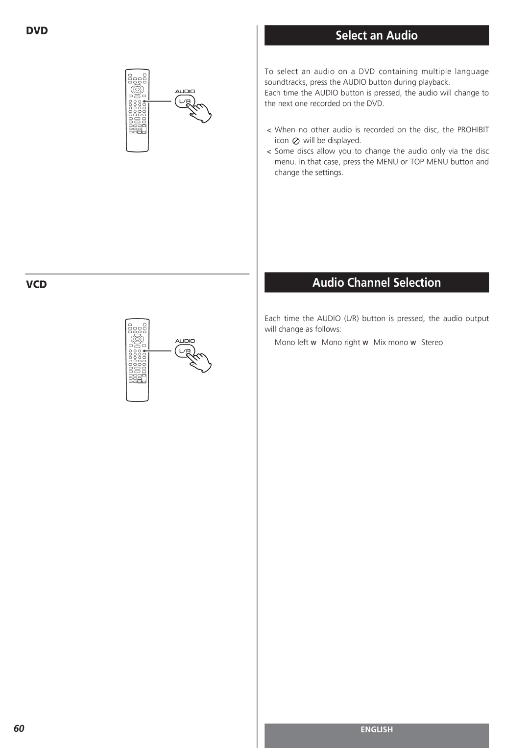 Teac MC-DV250 owner manual Select an Audio, Audio Channel Selection 