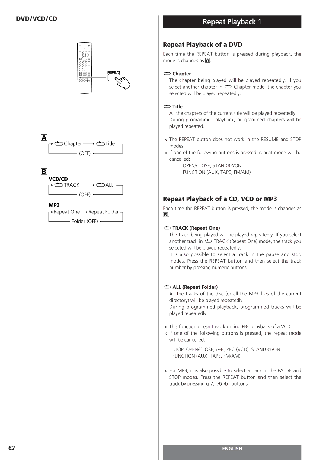 Teac MC-DV250 owner manual Repeat Playback of a DVD, Repeat Playback of a CD, VCD or MP3, Vcd/Cd 