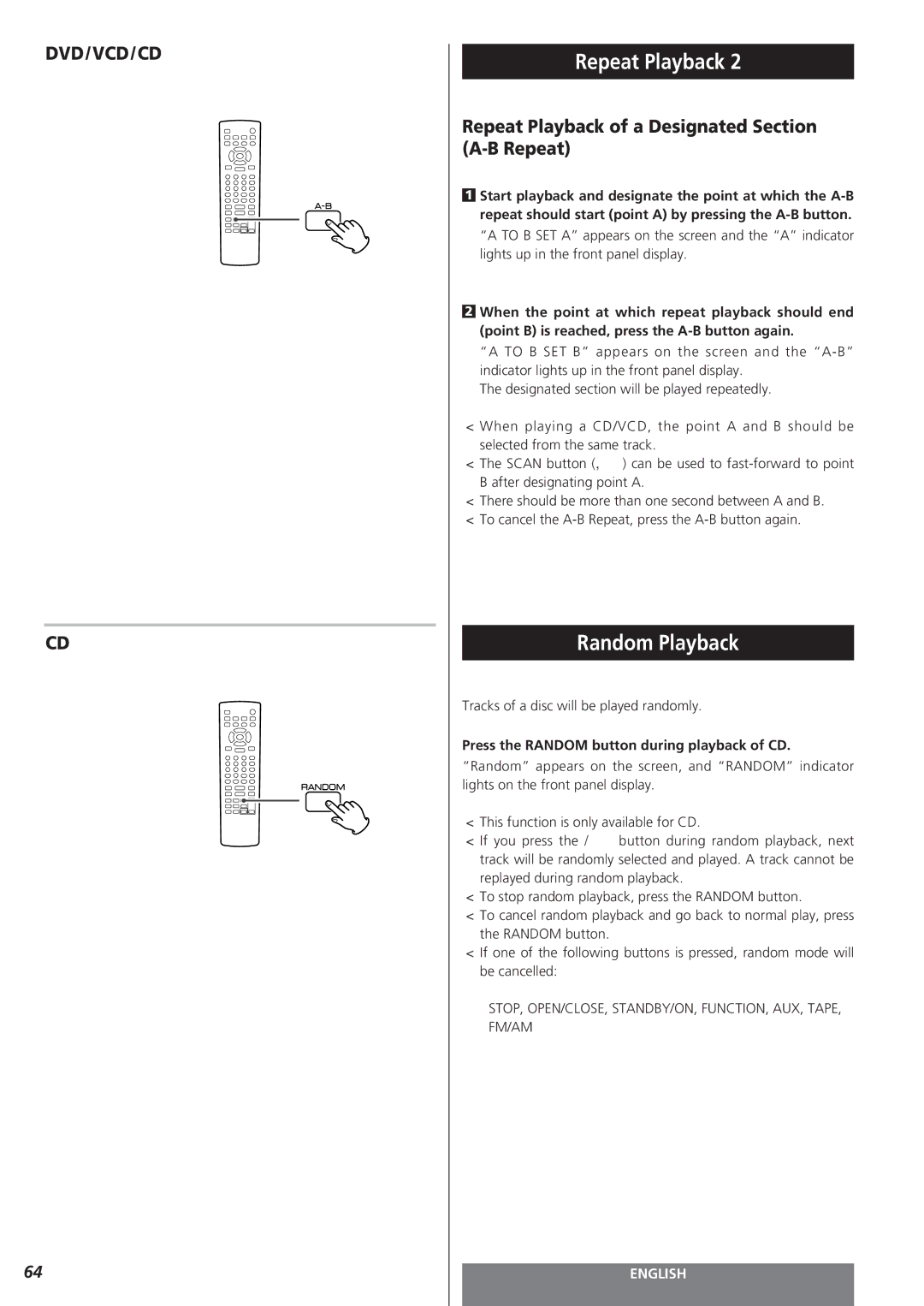 Teac MC-DV250 owner manual Random Playback, Repeat Playback of a Designated Section A-B Repeat 