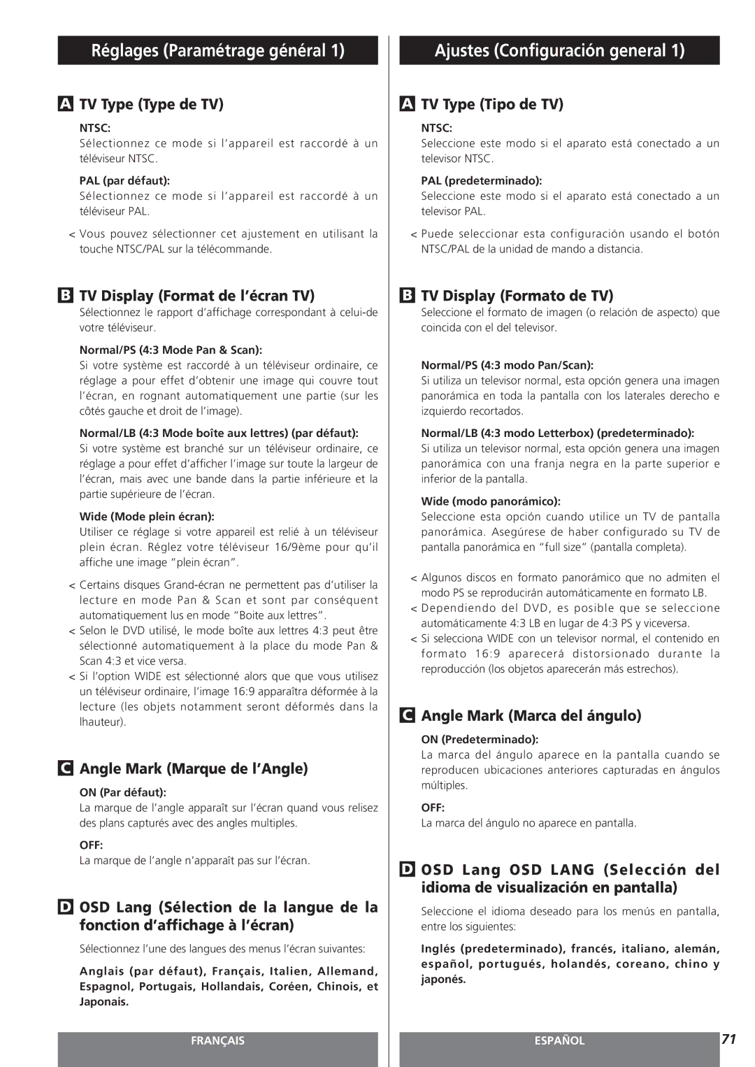 Teac MC-DV250 owner manual Réglages Paramétrage général, Ajustes Configuración general 