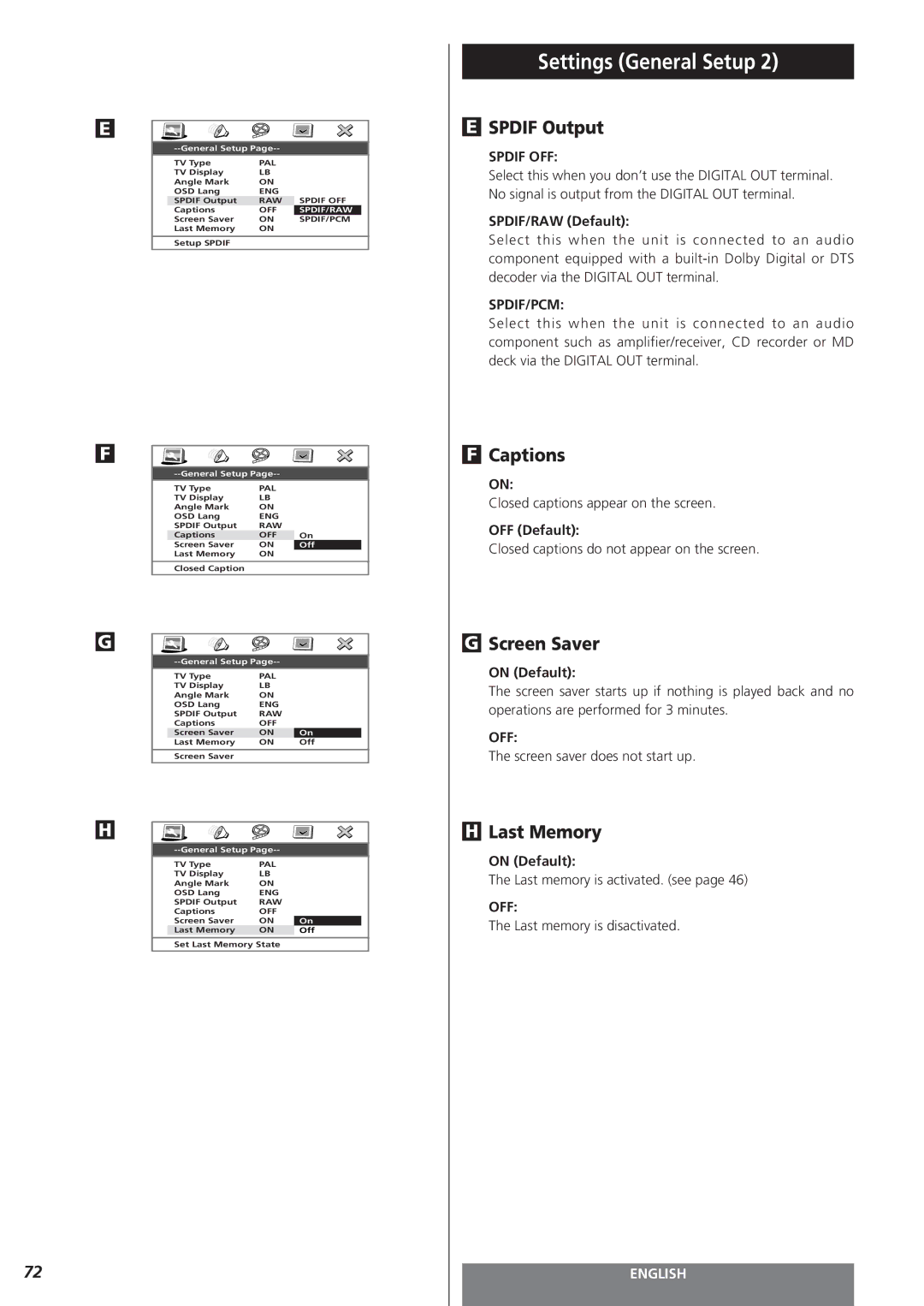 Teac MC-DV250 owner manual Spdif Output, Captions, Screen Saver, Last Memory 