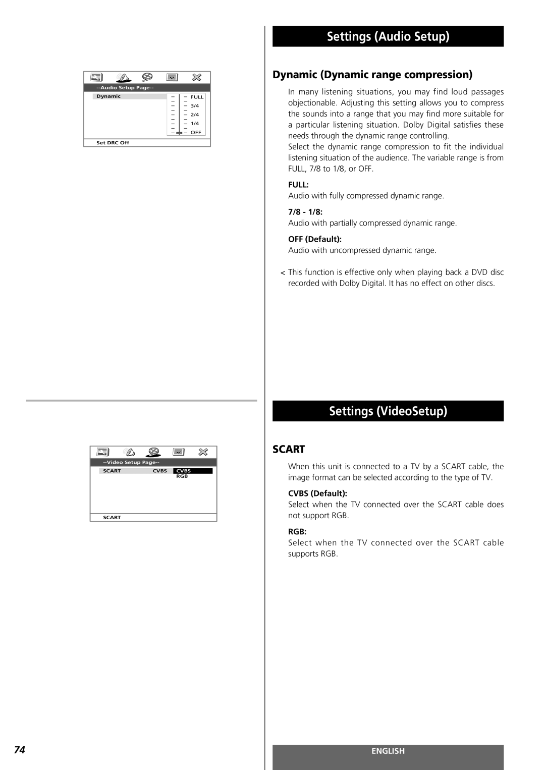 Teac MC-DV250 owner manual Settings Audio Setup, Settings VideoSetup, Dynamic Dynamic range compression, Full, Rgb 