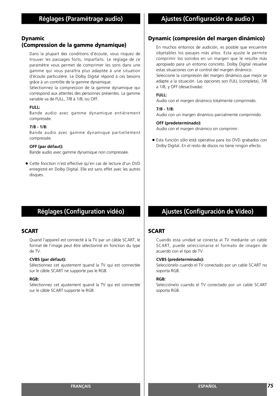 Teac MC-DV250 owner manual Réglages Paramétrage audio, Réglages Configuration vidéo, Ajustes Configuración de audio 