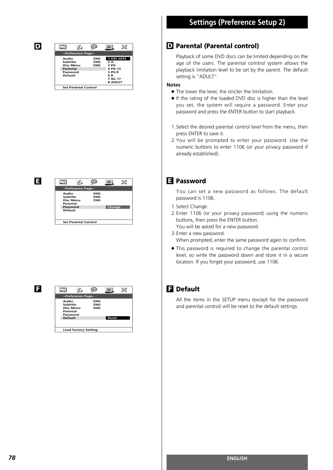 Teac MC-DV250 owner manual Parental Parental control, Password, Default 