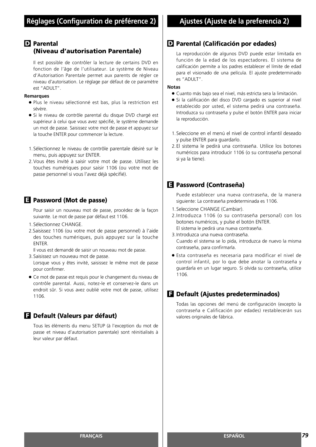 Teac MC-DV250 owner manual Parental Niveau d’autorisation Parentale, Password Mot de passe, Default Valeurs par défaut 