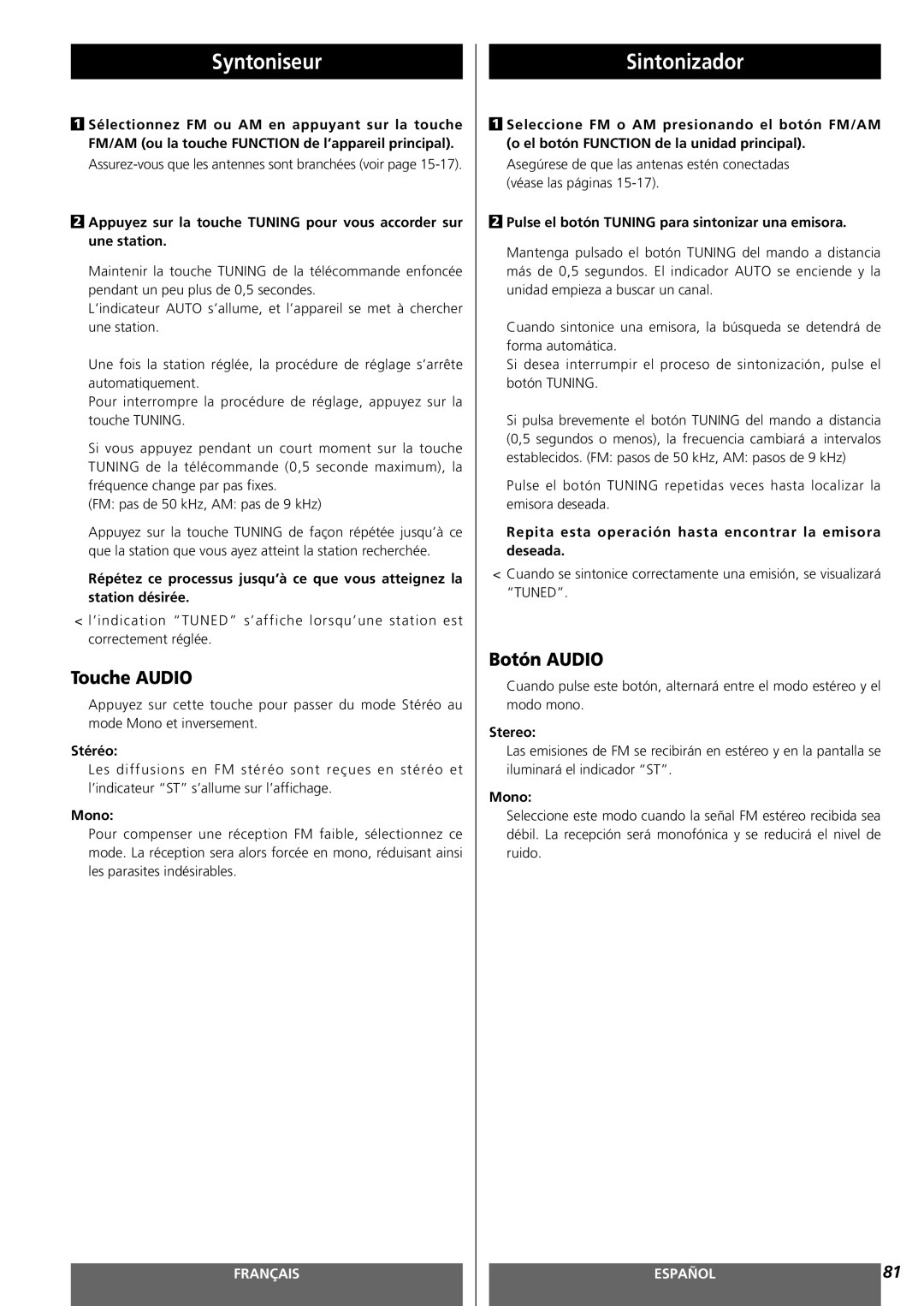 Teac MC-DV250 owner manual Syntoniseur, Sintonizador, Touche Audio, Botón Audio 