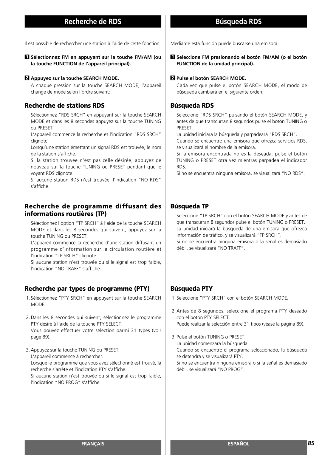 Teac MC-DV250 owner manual Recherche de RDS, Búsqueda RDS 