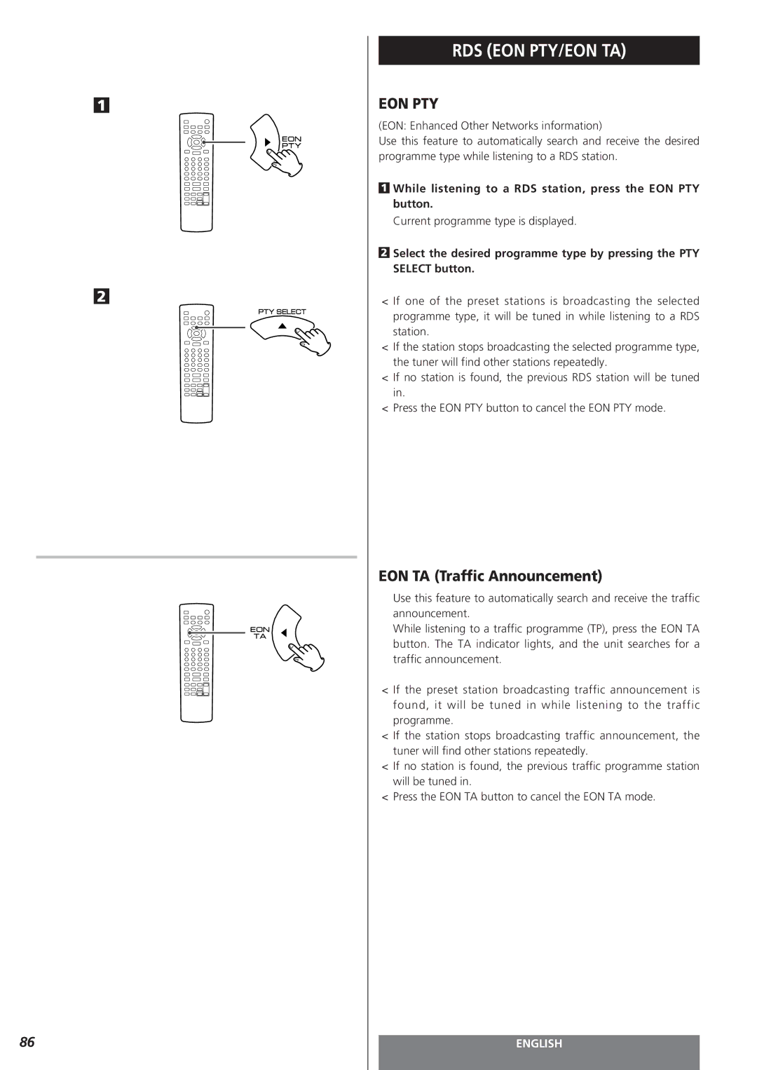 Teac MC-DV250 owner manual EON TA Traffic Announcement, While listening to a RDS station, press the EON PTY button 