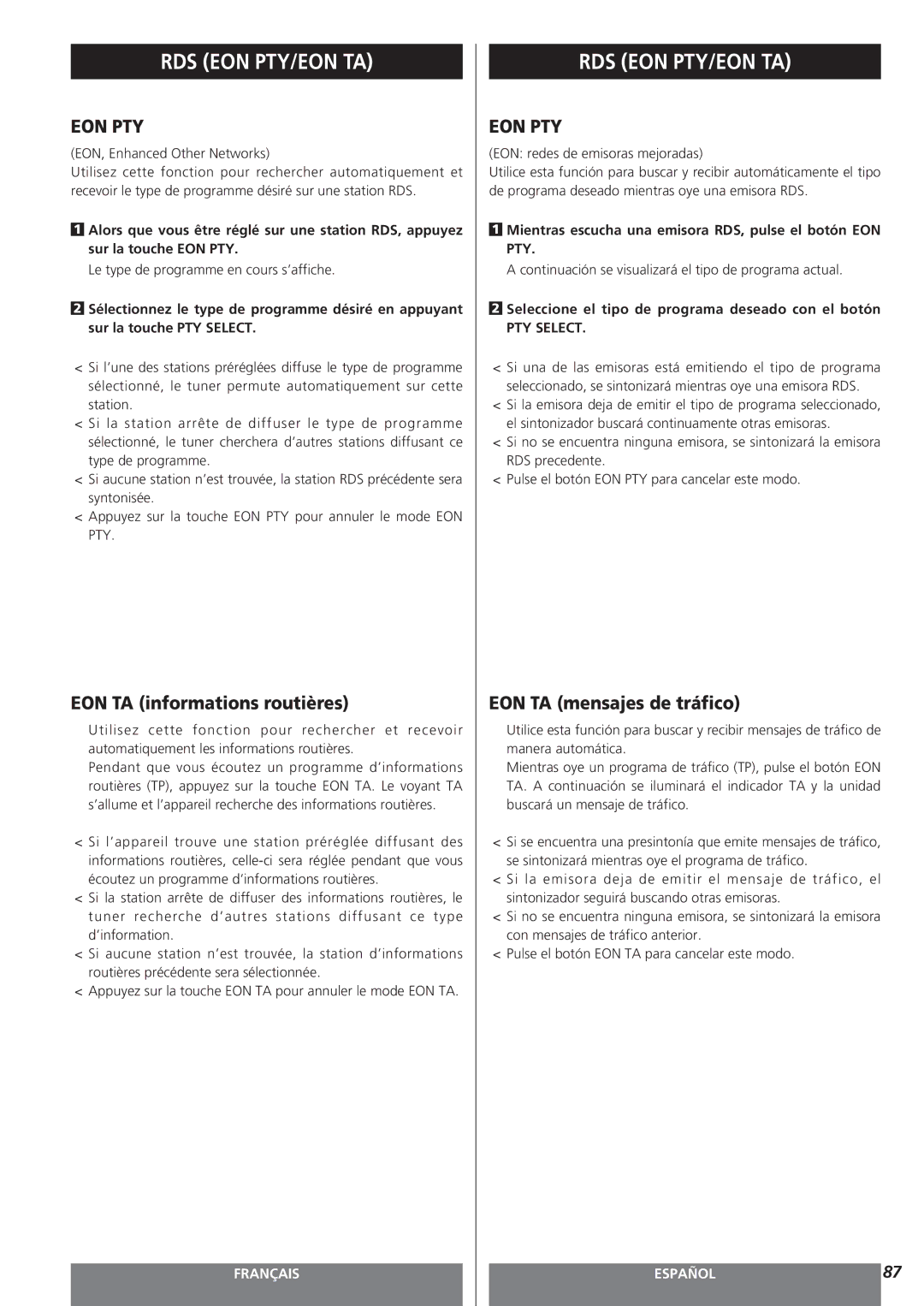 Teac MC-DV250 owner manual EON TA informations routières, EON TA mensajes de tráfico, PTY Select 