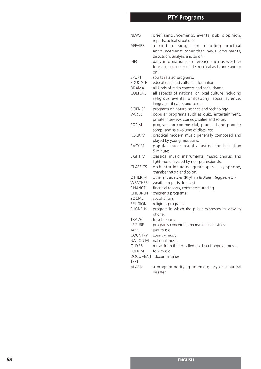 Teac MC-DV250 owner manual PTY Programs, Affairs 