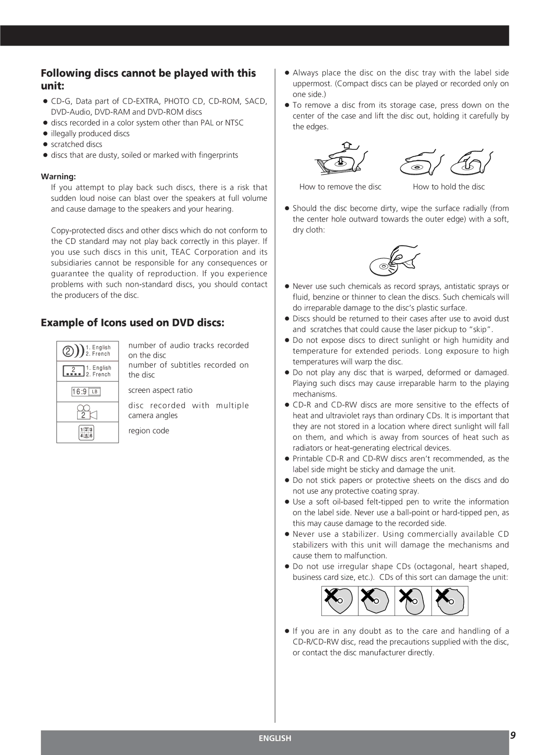 Teac MC-DV250 owner manual Following discs cannot be played with this unit, Example of Icons used on DVD discs 