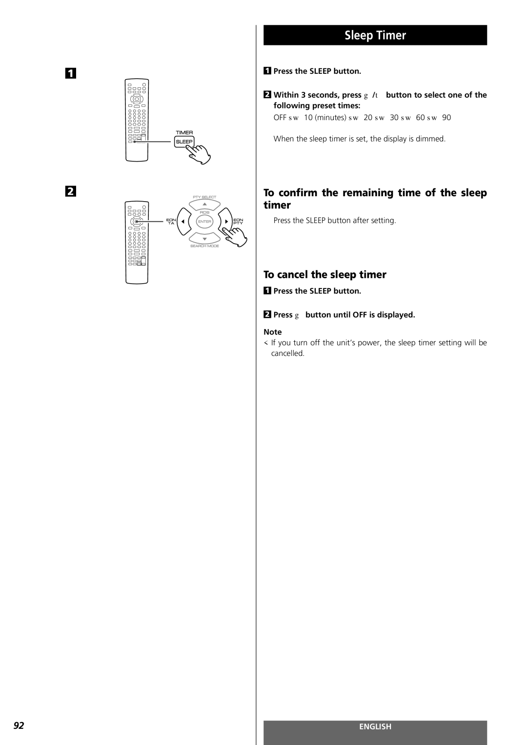 Teac MC-DV250 owner manual Sleep Timer, To confirm the remaining time of the sleep timer, To cancel the sleep timer 