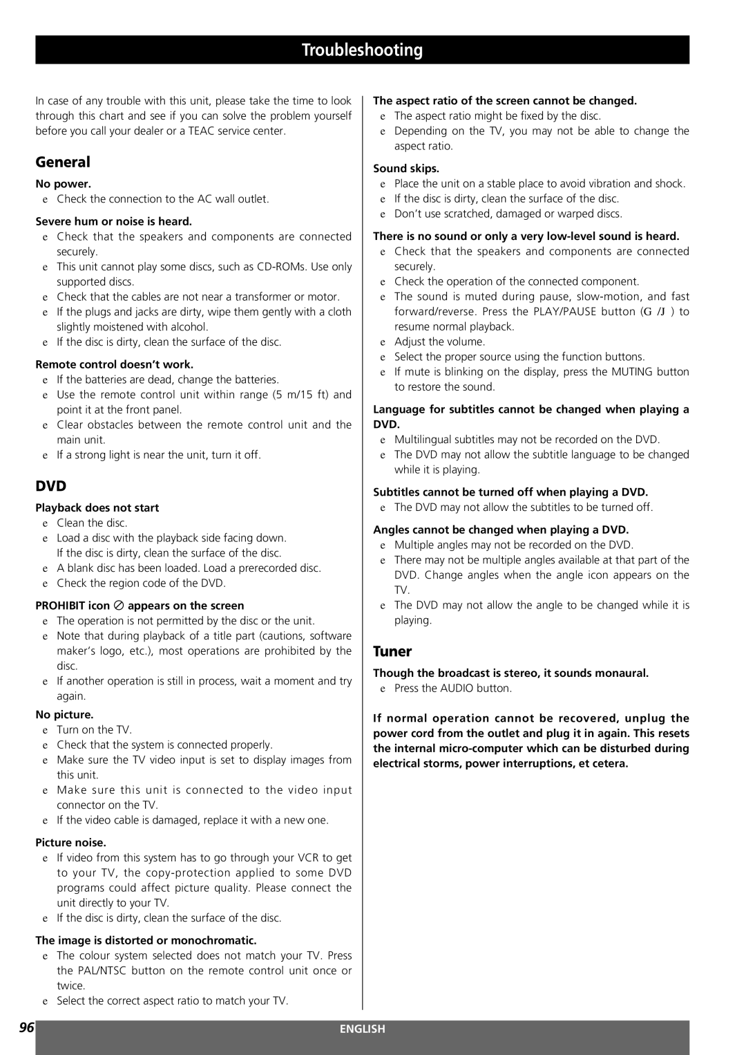 Teac MC-DV250 owner manual Troubleshooting, General, Tuner 