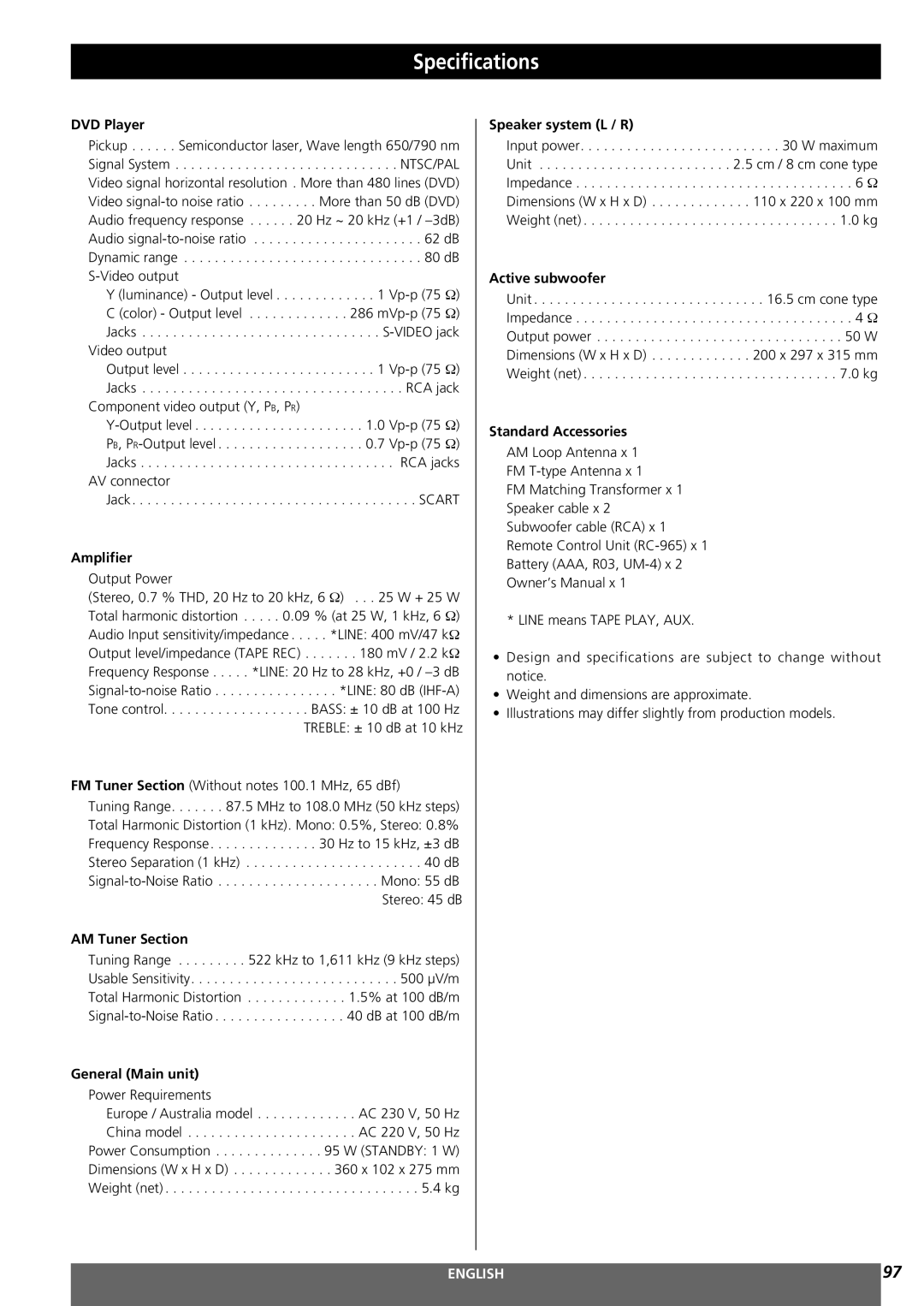 Teac MC-DV250 owner manual Specifications 