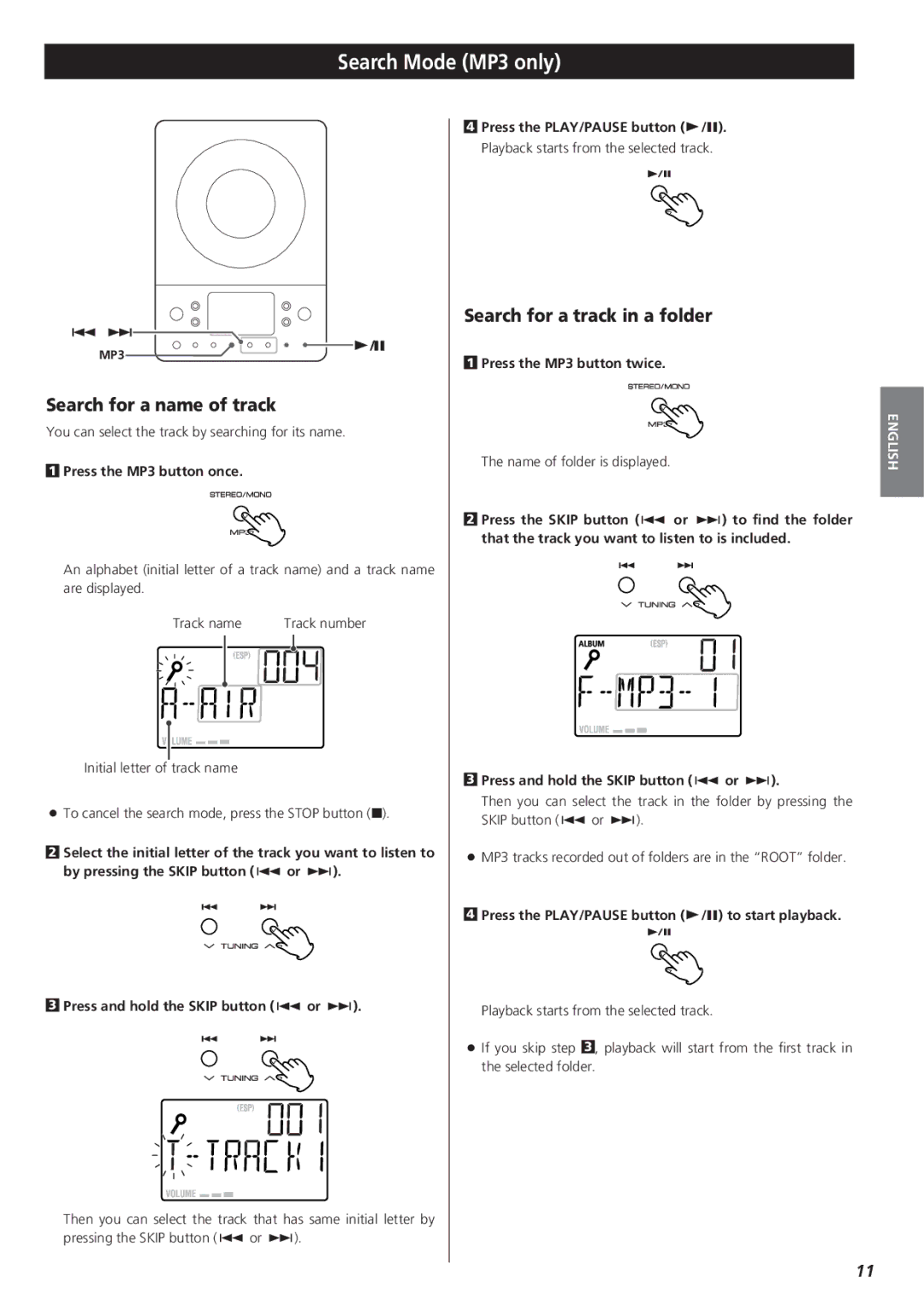 Teac MC-DX20 owner manual Search Mode MP3 only, Search for a name of track, Search for a track in a folder 