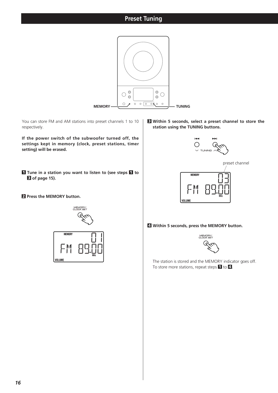 Teac MC-DX20 owner manual Preset Tuning, Within 5 seconds, press the Memory button 