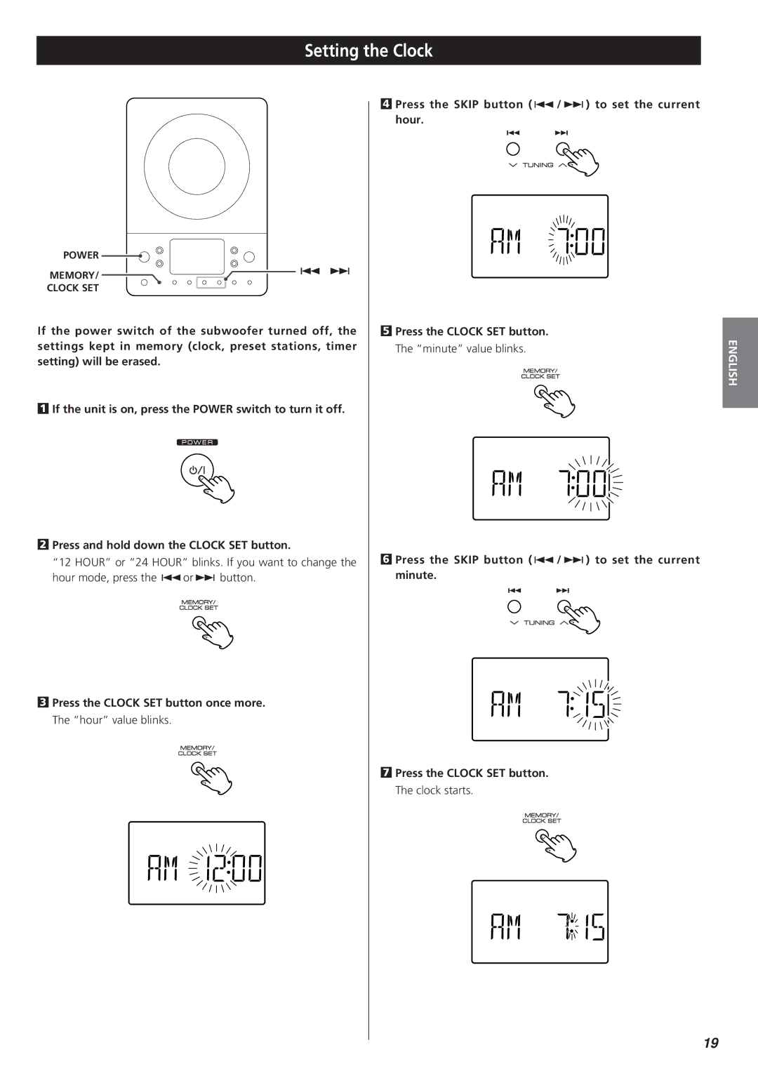 Teac MC-DX20 owner manual Setting the Clock, Minute value blinks 