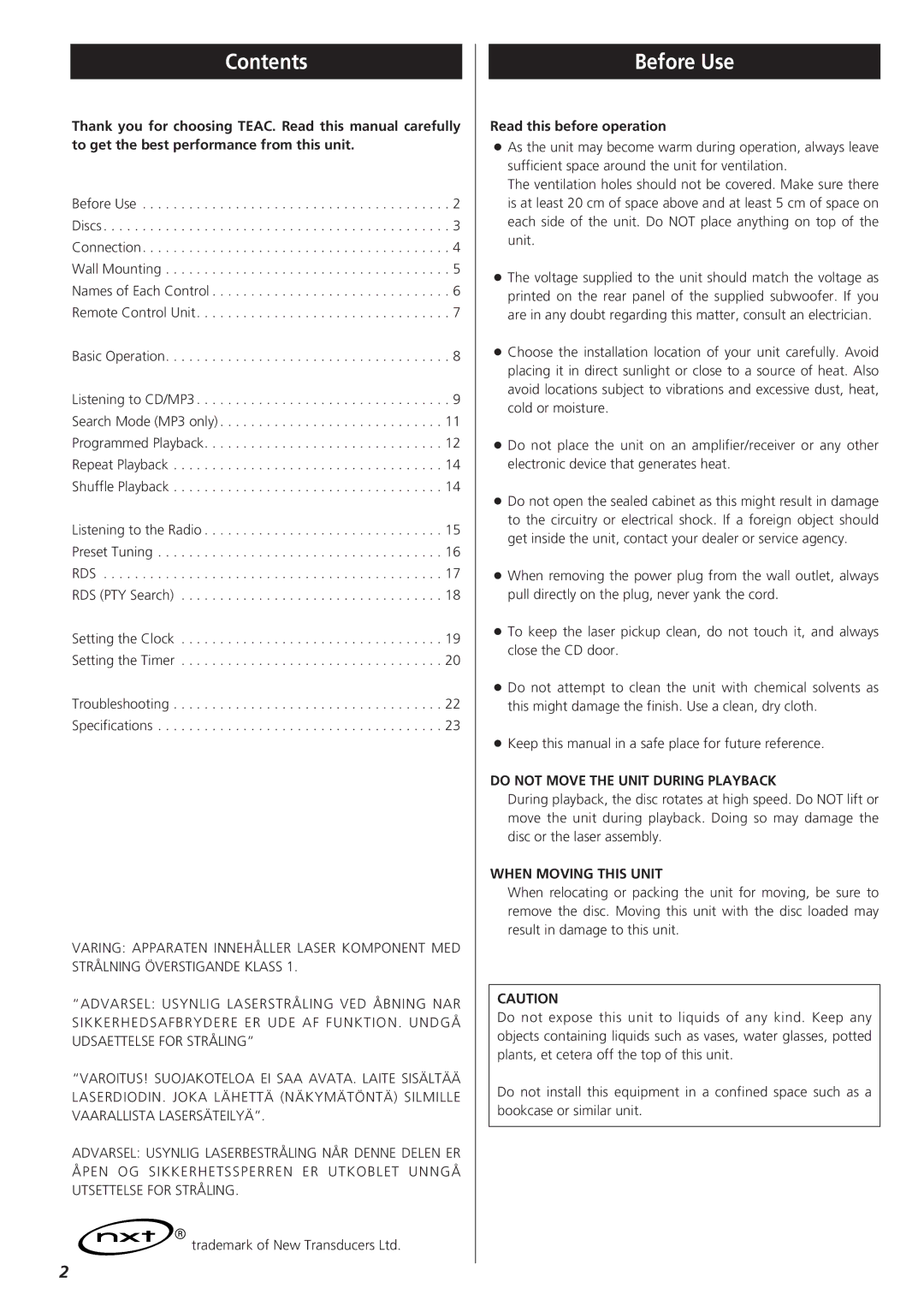 Teac MC-DX20 owner manual Contents, Before Use 