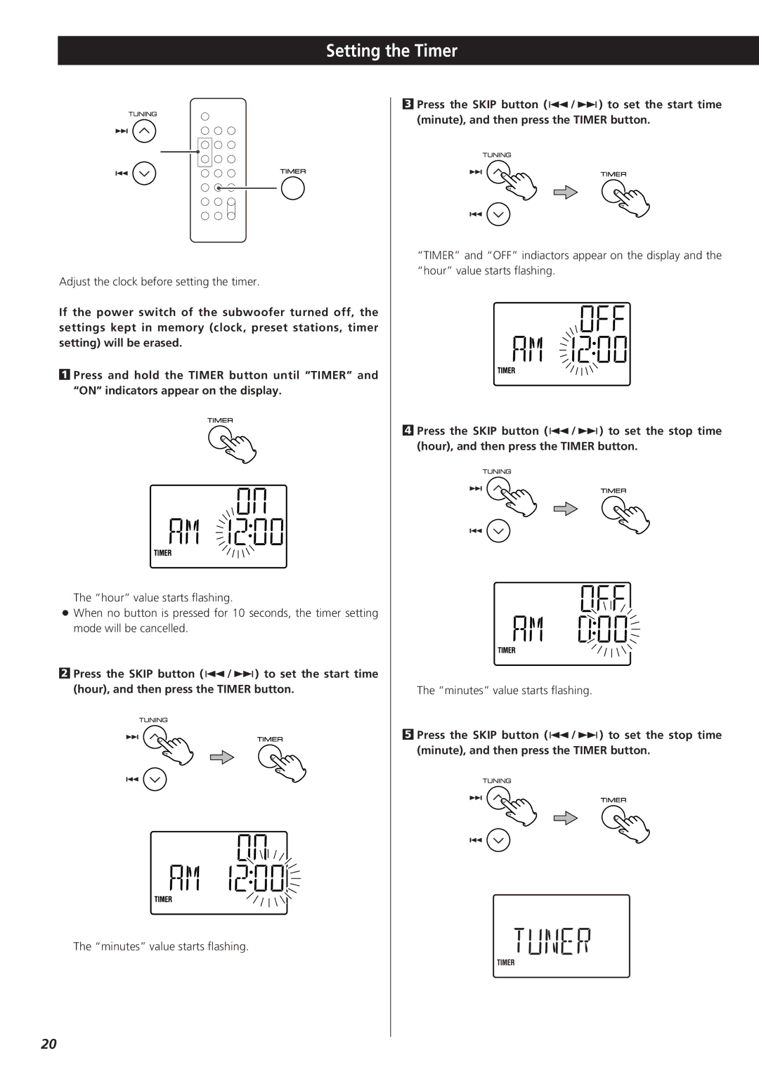 Teac MC-DX20 owner manual Setting the Timer 