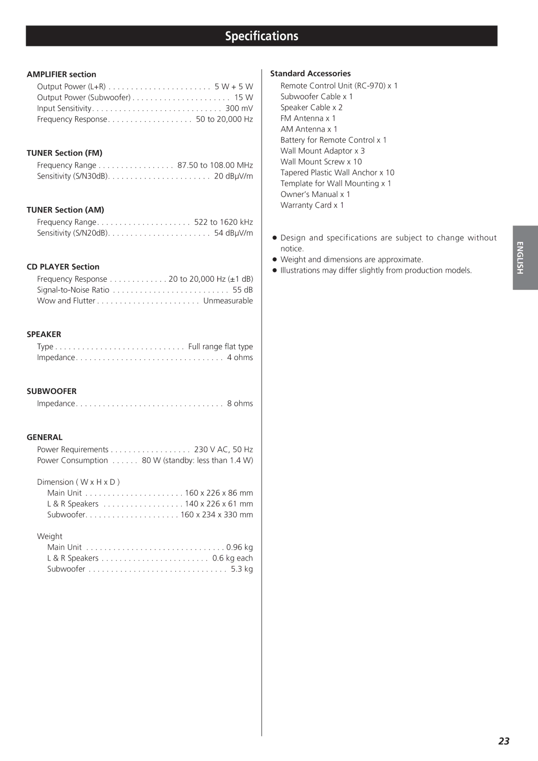 Teac MC-DX20 owner manual Specifications, Speaker, Subwoofer, General 