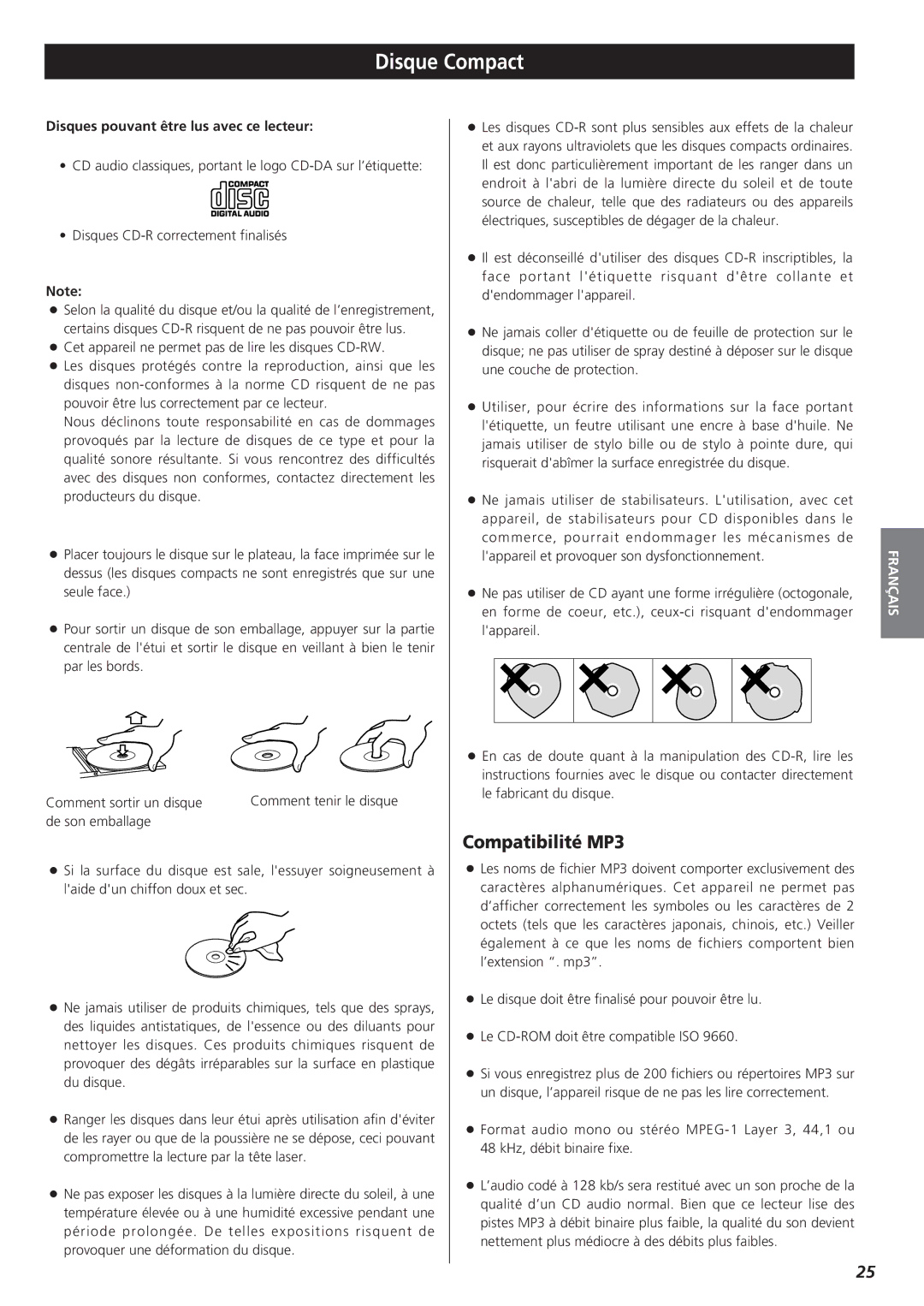 Teac MC-DX20 owner manual Disque Compact, Compatibilité MP3, Disques pouvant être lus avec ce lecteur 