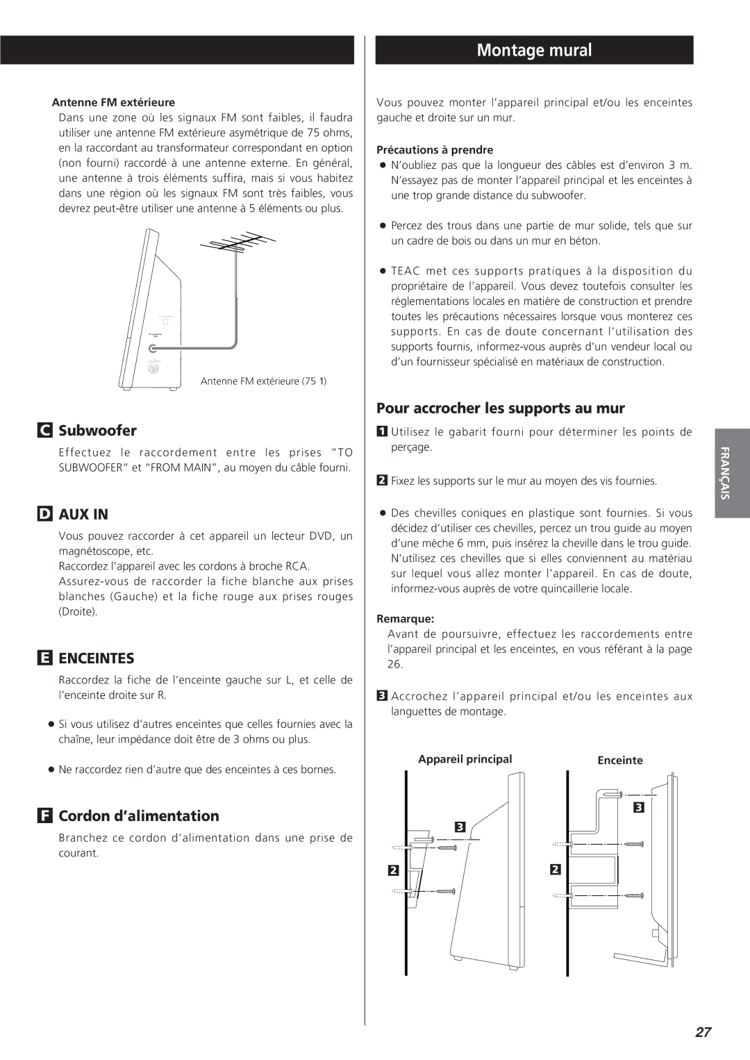 Teac MC-DX20 owner manual Montage mural, Cordon d’alimentation, Pour accrocher les supports au mur 