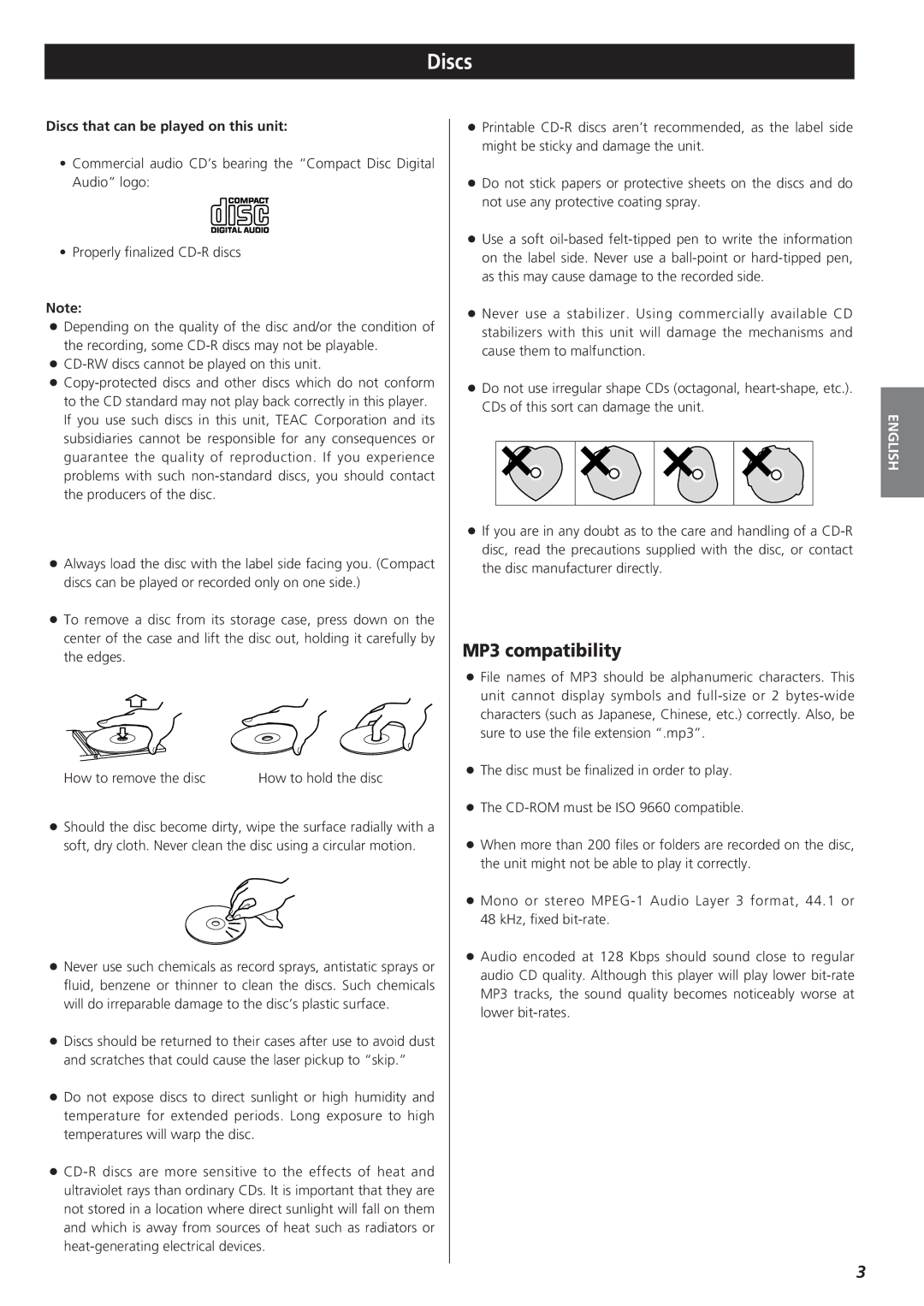 Teac MC-DX20 owner manual MP3 compatibility, Discs that can be played on this unit 