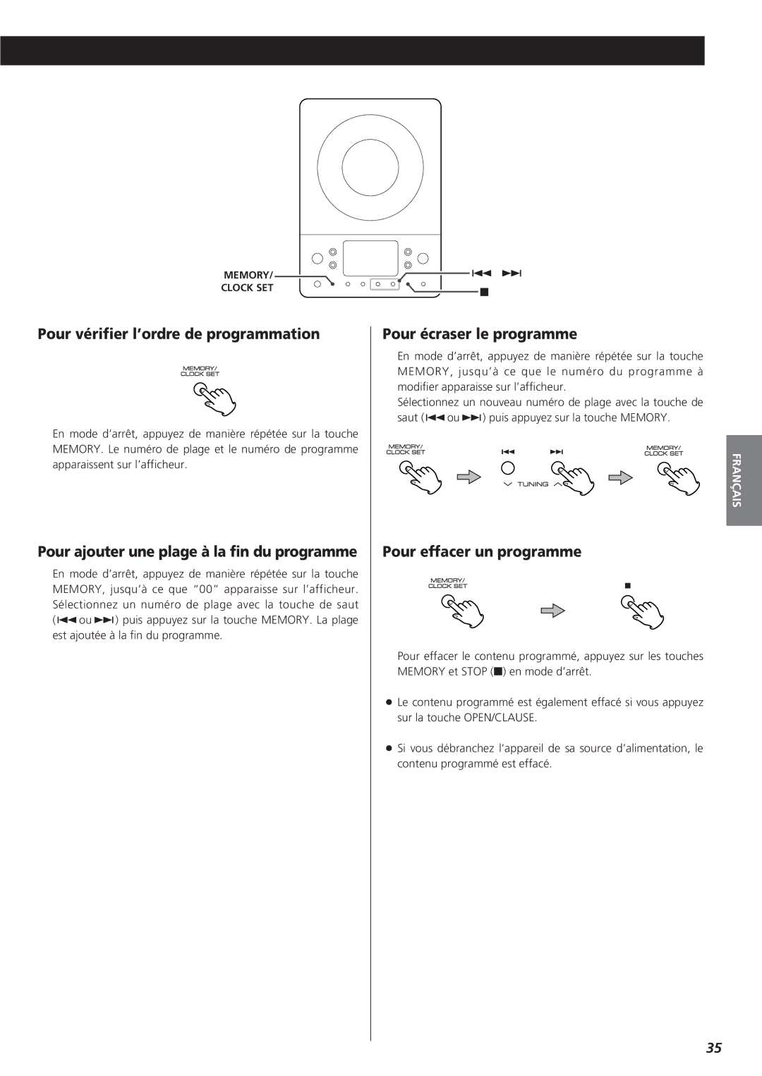 Teac MC-DX20 owner manual Pour vérifier l’ordre de programmation, Pour ajouter une plage à la fin du programme 