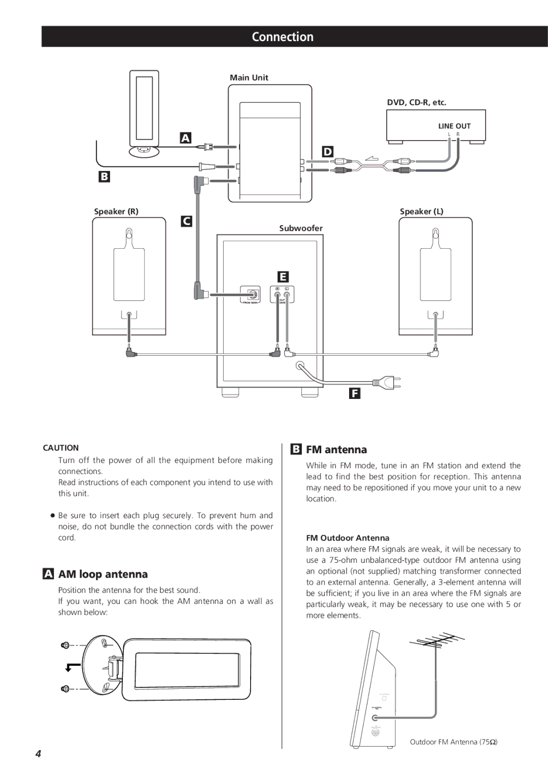 Teac MC-DX20 owner manual Connection, AM loop antenna, FM antenna 