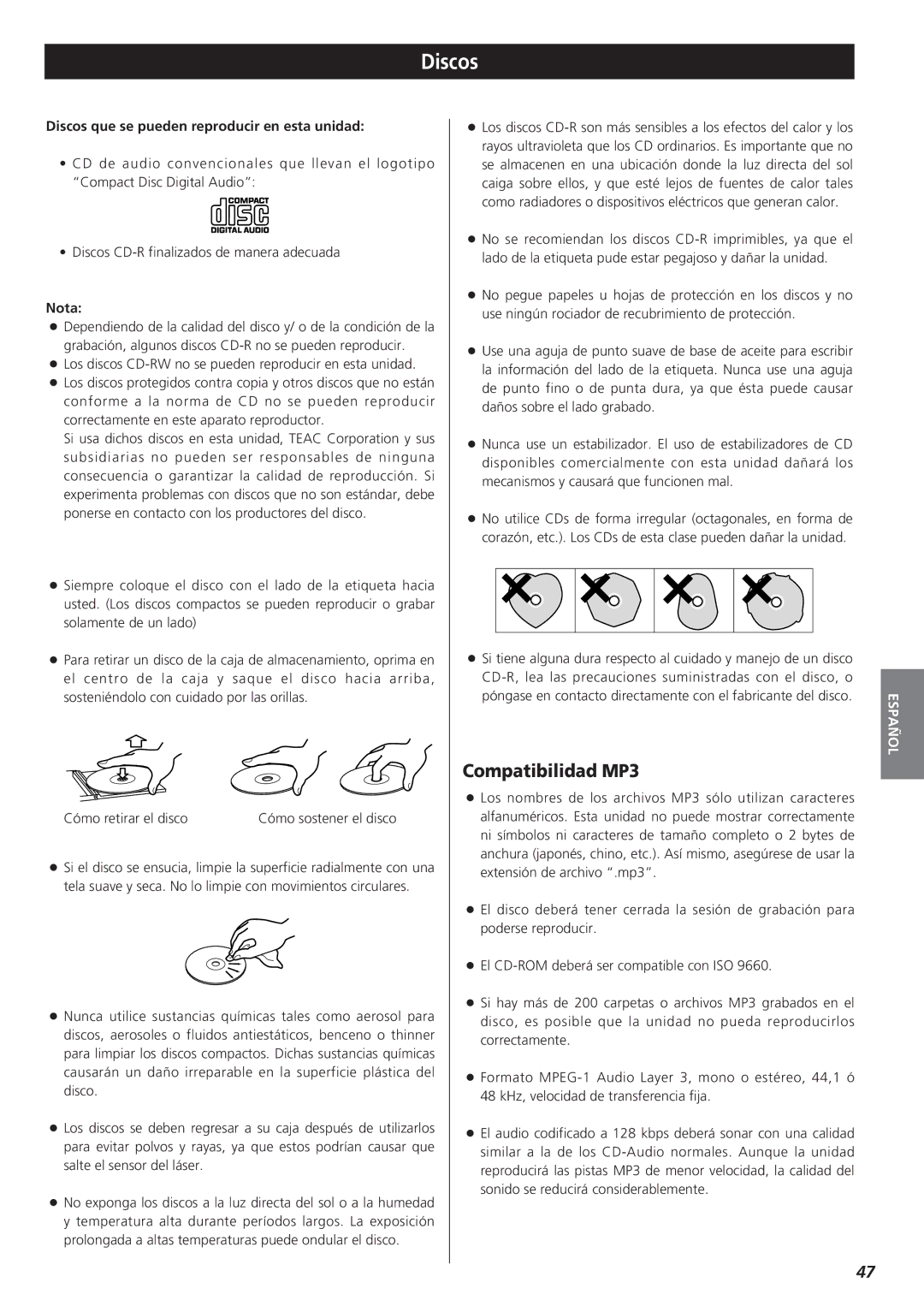 Teac MC-DX20 owner manual Compatibilidad MP3, Discos que se pueden reproducir en esta unidad, Nota 