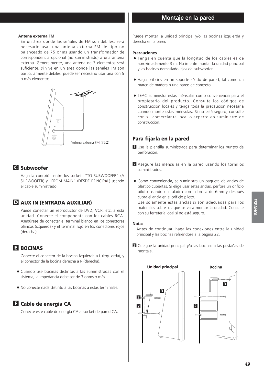 Teac MC-DX20 Montaje en la pared, Cable de energía CA, Para fijarla en la pared, Antena externa FM, Precauciones 