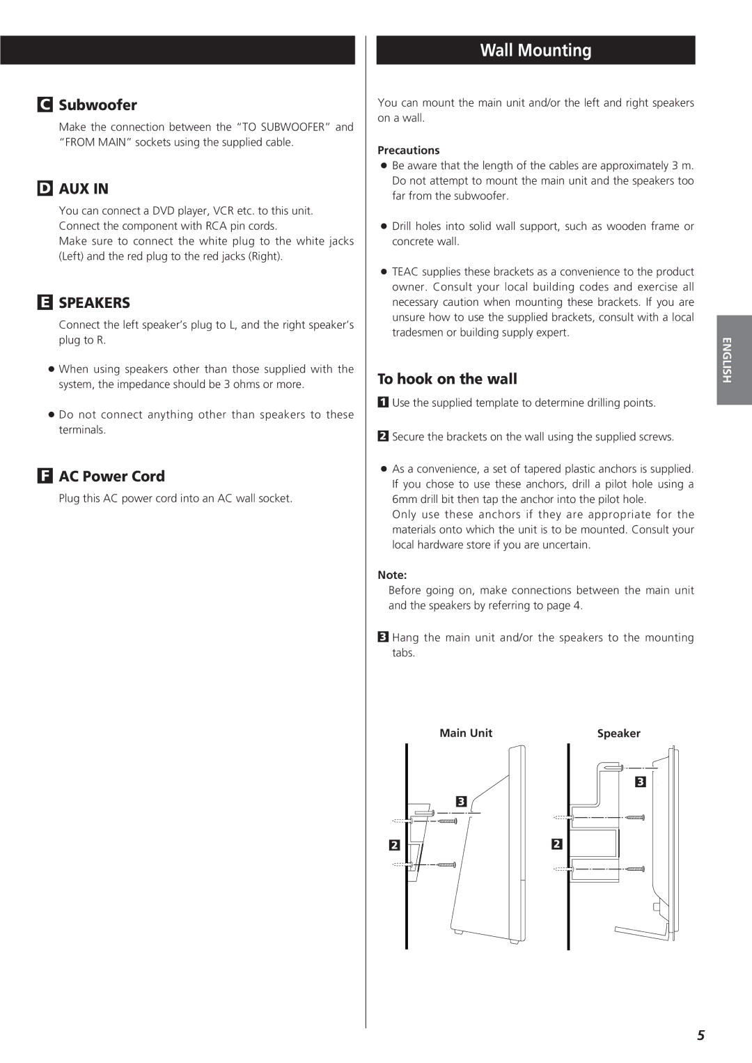 Teac MC-DX20 owner manual Wall Mounting, Subwoofer, AC Power Cord, To hook on the wall, Precautions 